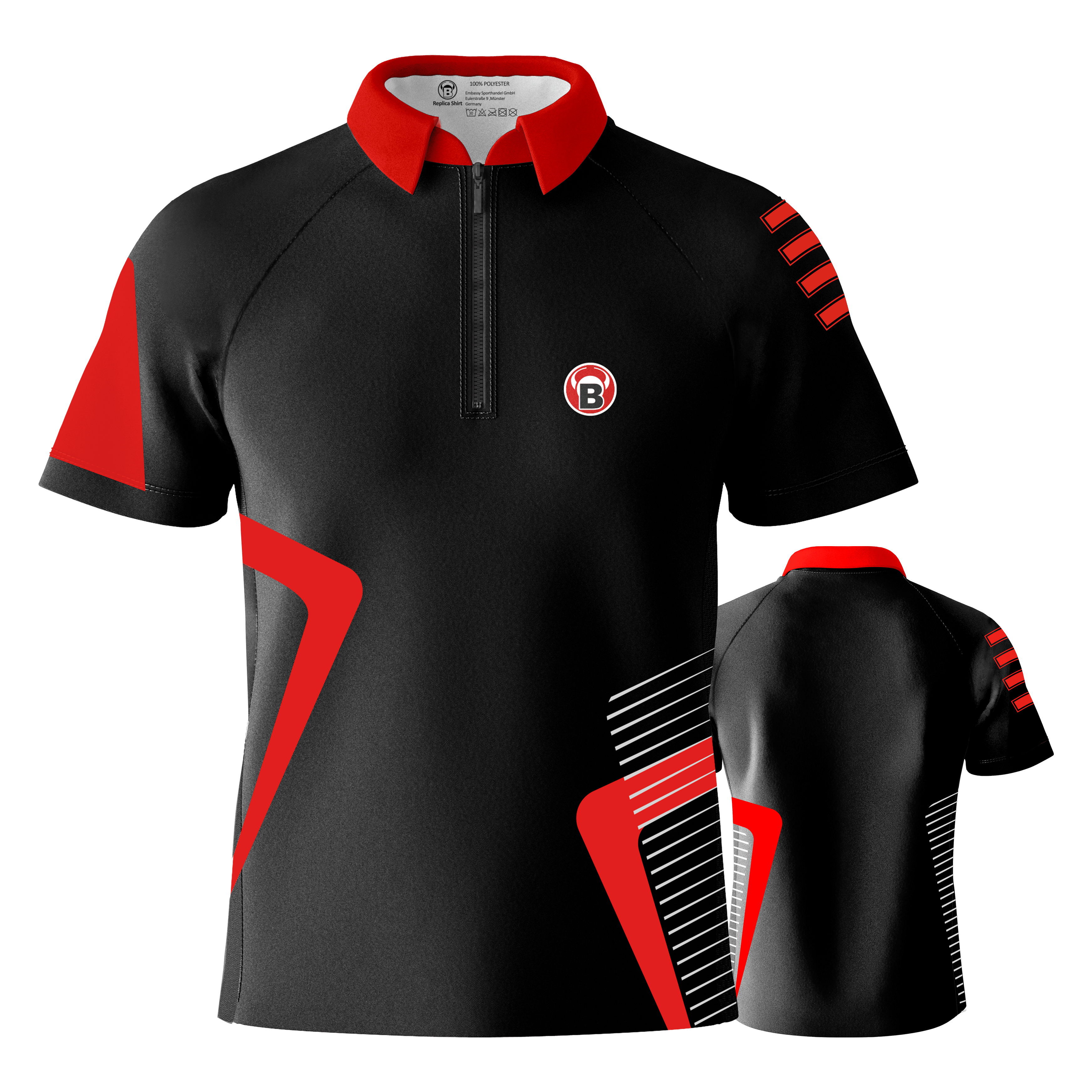Bulls Team Dart Shirt - Red Das Bild zeigt ein schwarzes Dartshirt mit roten und weißen Akzenten. Das Shirt hat einen roten Kragen und das Bulls-Logo auf der Vorderseite.