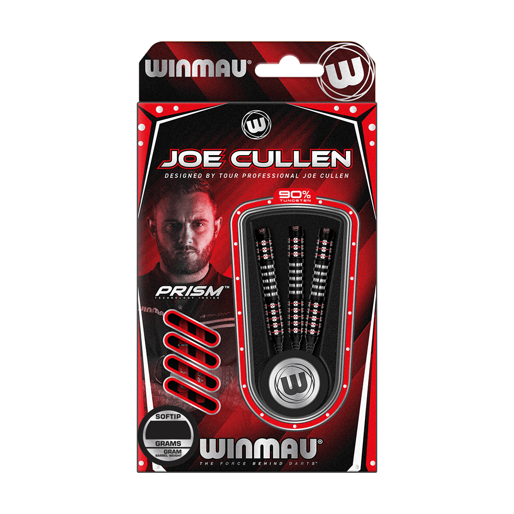 2460_Winmau_Joe_Cullen_Ignition_Series_Softdarts_3 Die Abbildung zeigt die Winmau Joe Cullen Ignition Series Softdarts mit 20 Gramm Gewicht. Die Darts sind zu 90% aus Tungsten gefertigt und werden in einer rot-schwarzen Verpackung präsentiert.