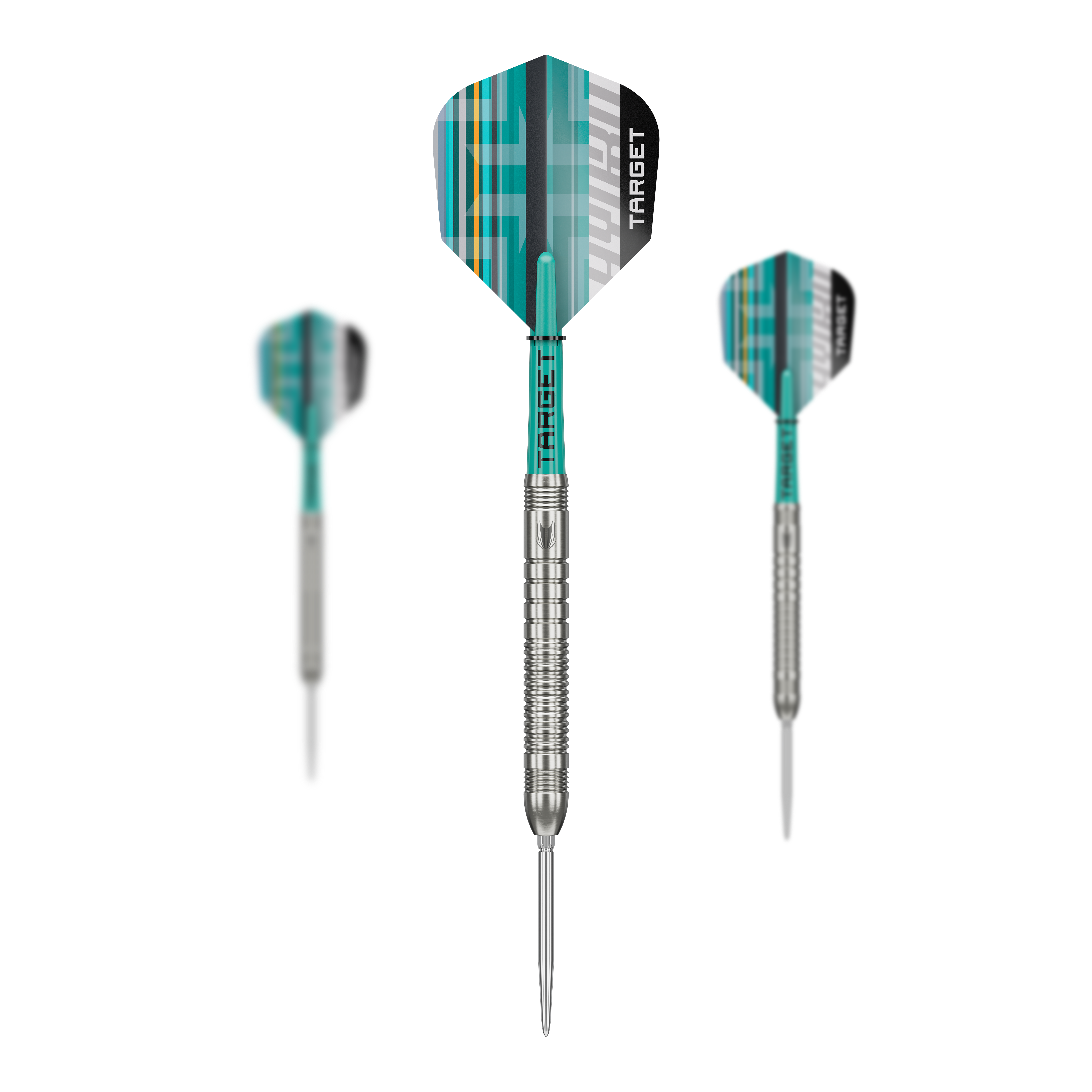 Hier ist das Set der Target Hydro 03 Swiss Point Steeldarts abgebildet. Es handelt sich um ein komplettes Dart-Set für professionelle Spiele.