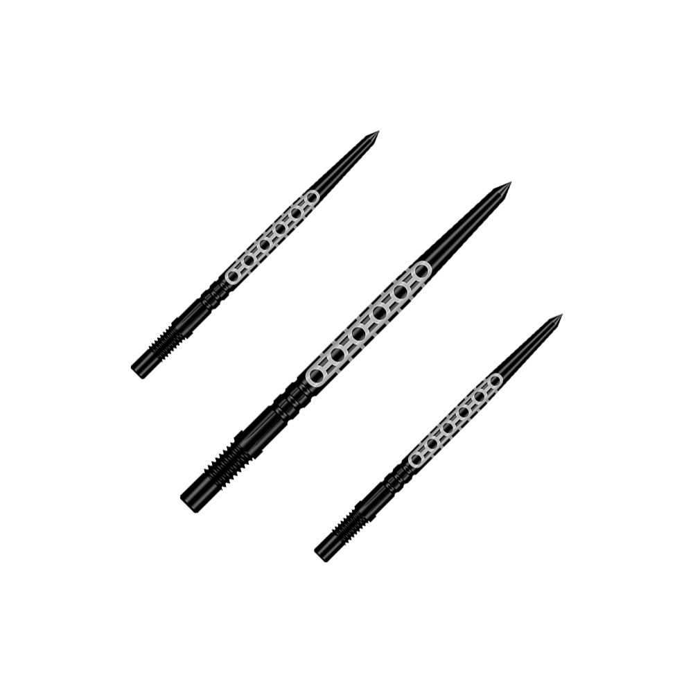 Shot Turbo Point Goths Dart Tips - Black Ein Set aus mehreren schwarzen Dartspitzen ist zu sehen. Die Spitzen eignen sich für verschiedene Dartpfeile.