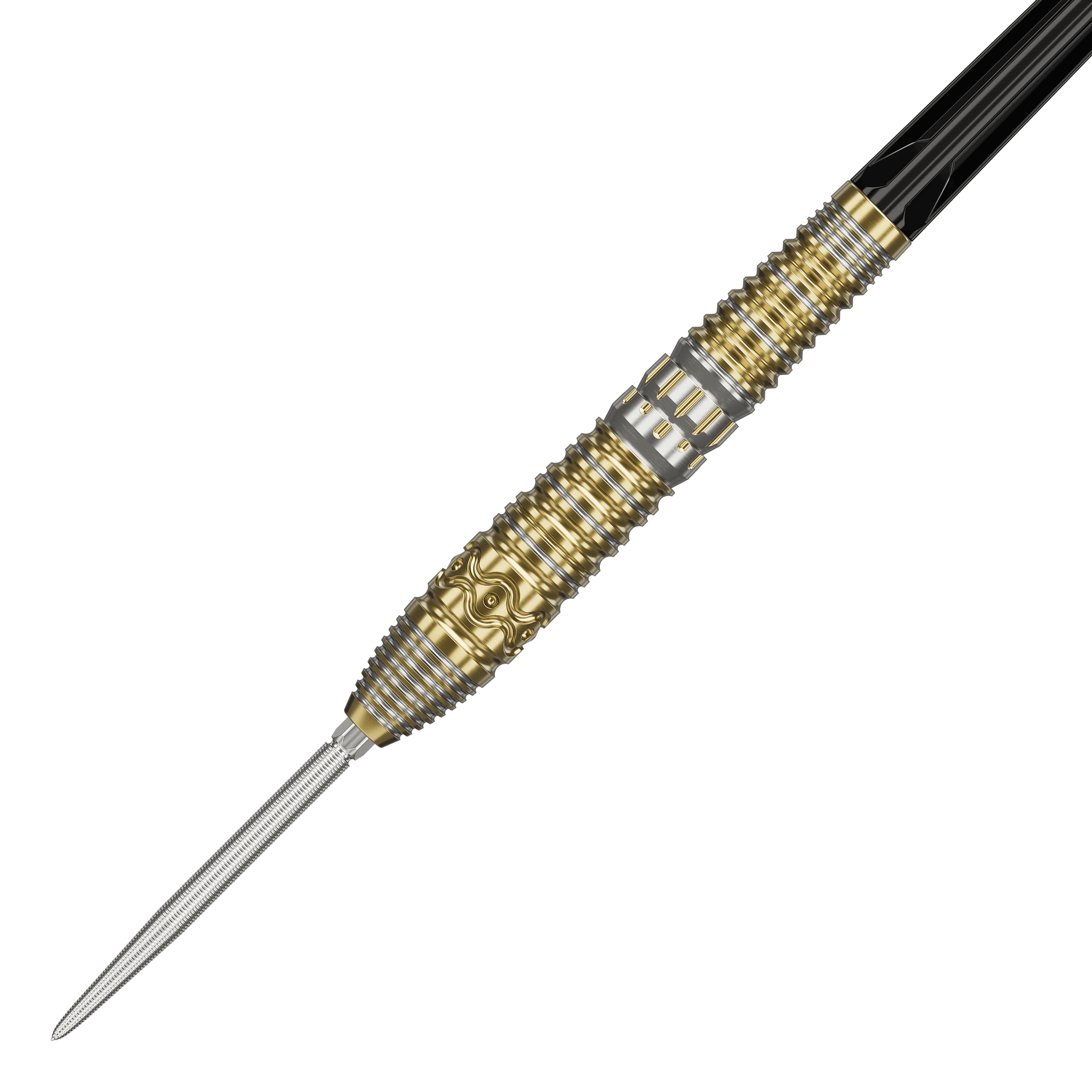 Target Japan Hot Shot GEN2 steel darts - 23g Das Bild zeigt einen Target Japan Hot Shot GEN2 Steeldart mit einem Gewicht von 23g. Der Steeldart hat ein auffälliges Design mit goldenen und silbernen Rillen und Mustern am Barrel.