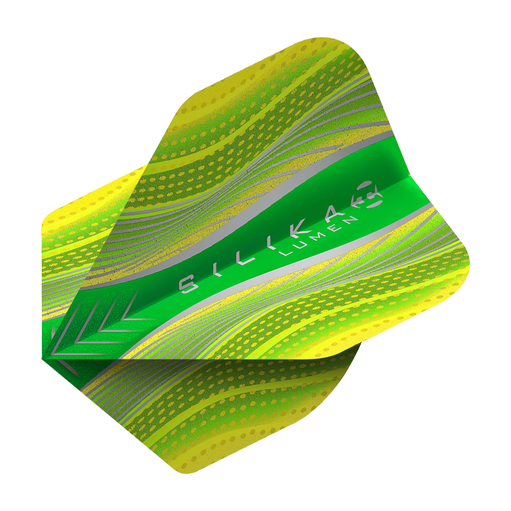 HR79_Harrows_Silika_Lumen_Yellow_No2_Standard_Flights_2 Auf dem Bild ist ein Harrows Silika Lumen Yellow No2 Standard Flight zu sehen. Das Flight ist überwiegend gelb und grün mit silbernen und grünen Details sowie der Aufschrift "Silika Lumen".