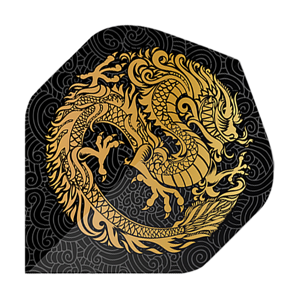 Pentathlon Flights Dragon black Das Bild zeigt die Pentathlon Dragon 2 Standard Flights. Auf schwarzem Hintergrund ist ein goldener Drache kunstvoll dargestellt.