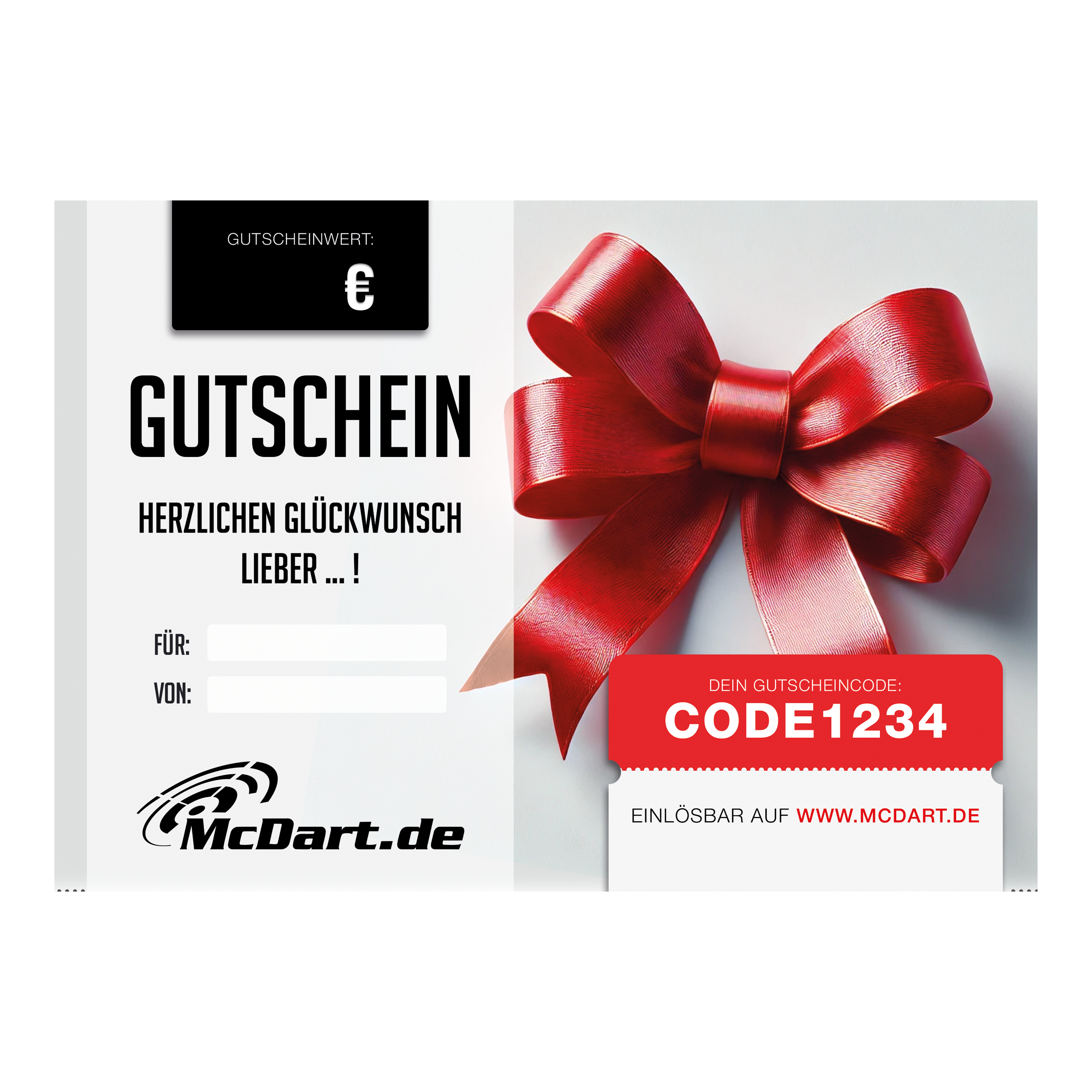 Voucher - Red Ribbon Das Bild zeigt einen Gutschein mit einer großen roten Schleife. Auf dem Gutschein steht „Herzlichen Glückwunsch“ und es gibt ein Feld für den Gutscheinwert sowie einen Gutscheincode.