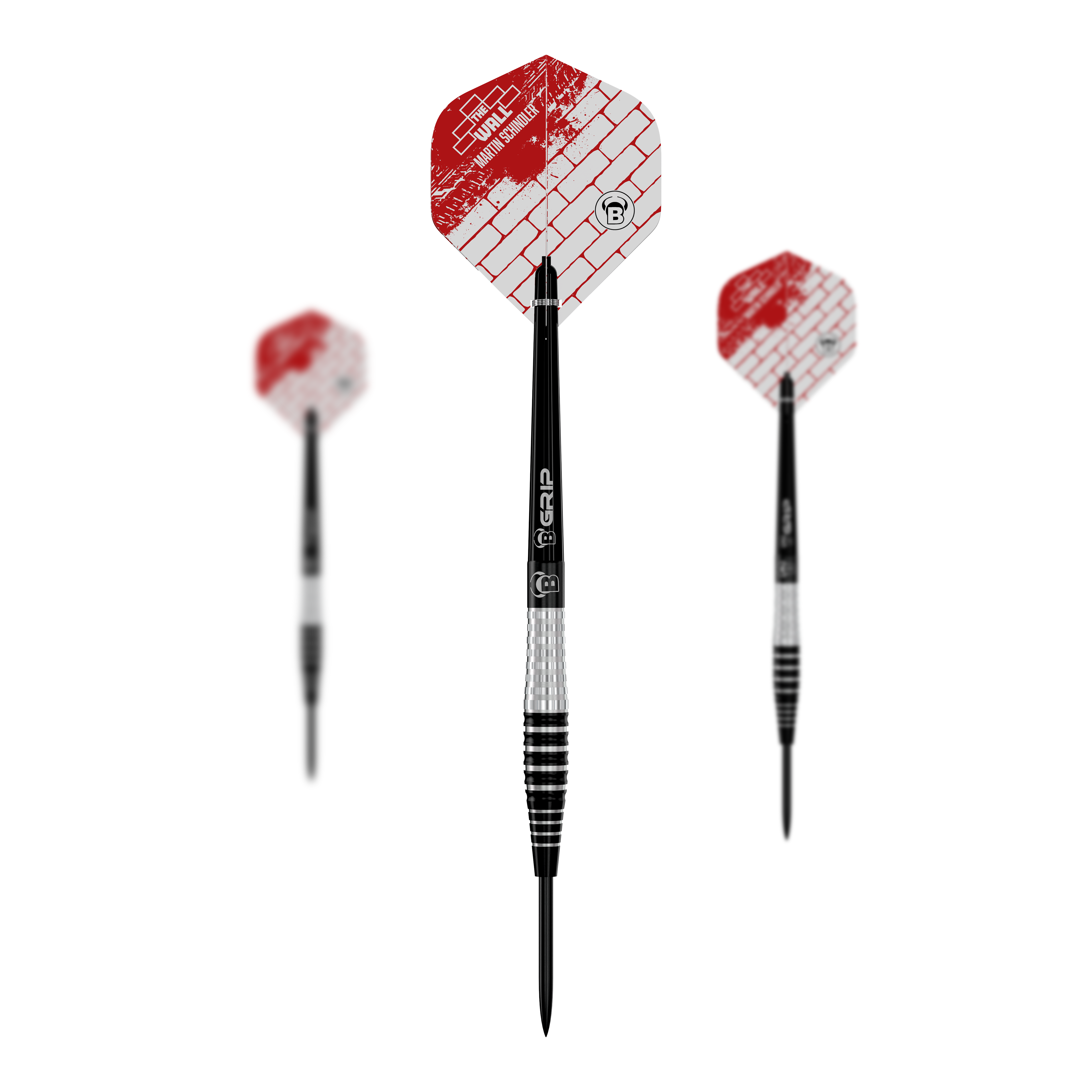 Bulls Martin Schindler Original Generation 3 steel darts Das Bild zeigt drei Steeldarts des Modells "Bulls Martin Schindler Original Generation 3". Die Flights sind weiß-rot mit Ziegelmuster und der Schaft ist schwarz-silbern gestreift.