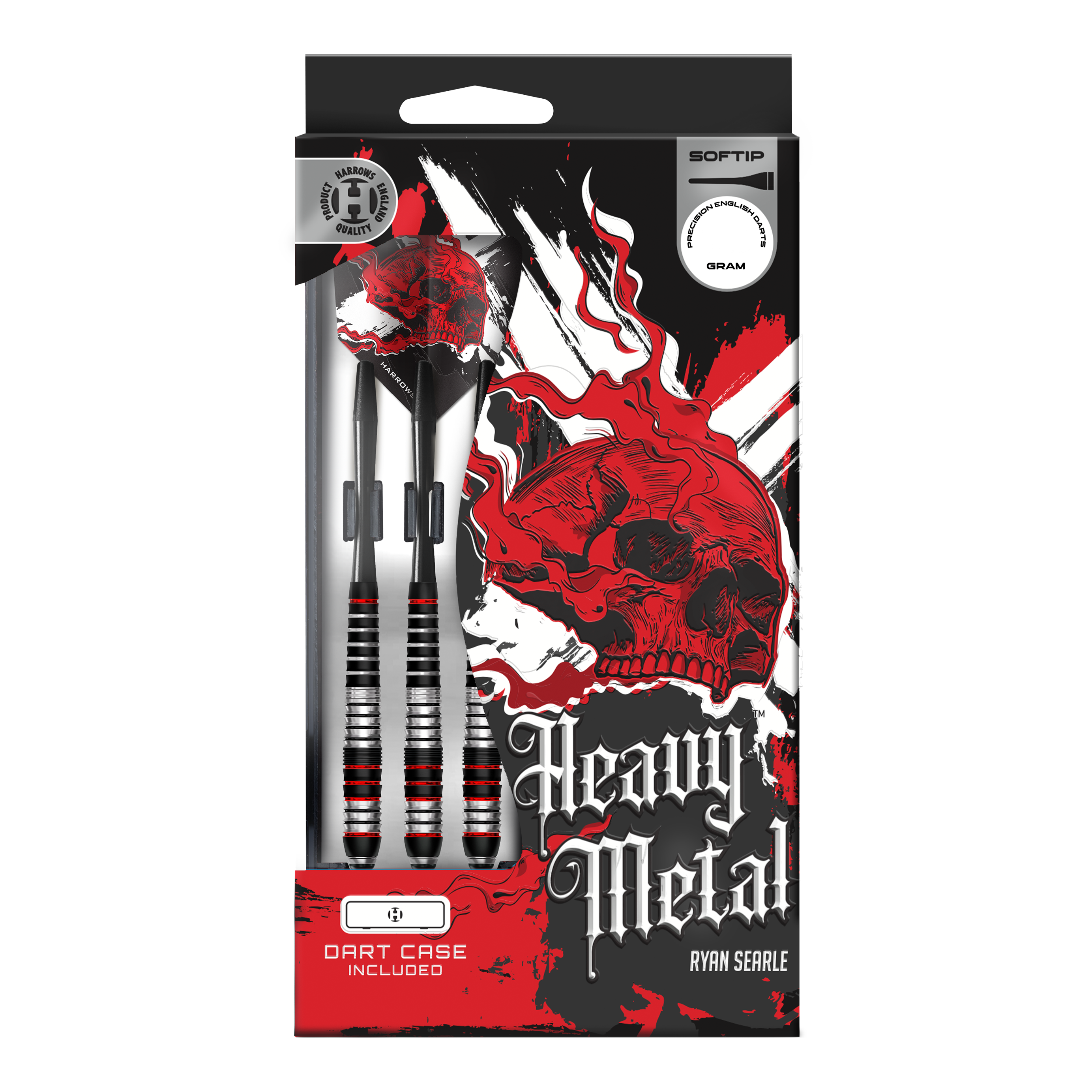 Harrows Heavy Metal Ryan Searle Brass Soft Darts Das Bild zeigt Harrows Heavy Metal Ryan Searle Brass Softdarts. Die Darts werden aus Messing gefertigt und sind auf einer hellen Fläche angeordnet.