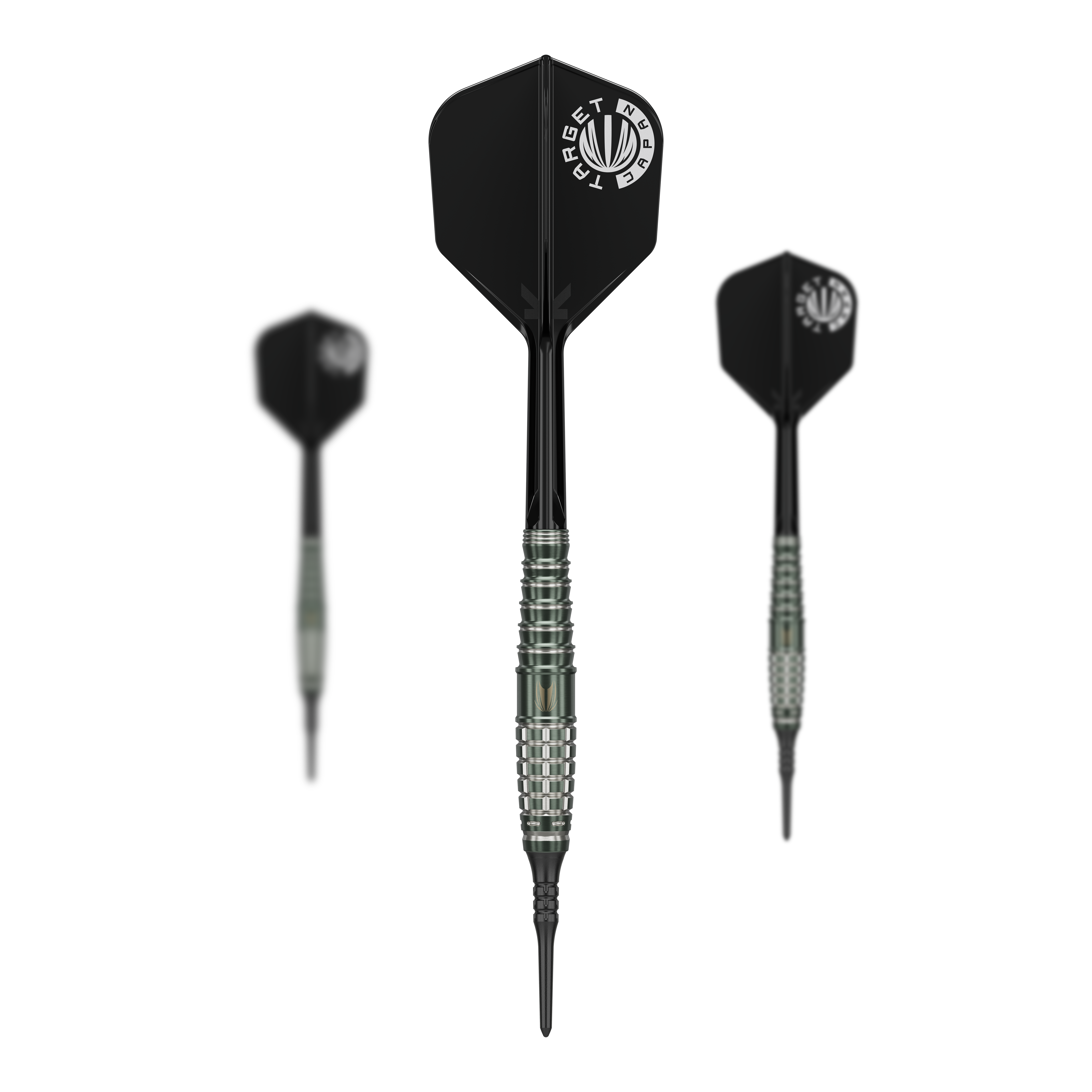 Target Japan Akito Yamagata Scream GEN1 Soft Darts - 19g Das Bild zeigt drei Softdarts mit schwarzem Flight und silbernem Griffbereich. Auf dem mittleren Dart steht "TARGET JAPAN" geschrieben.