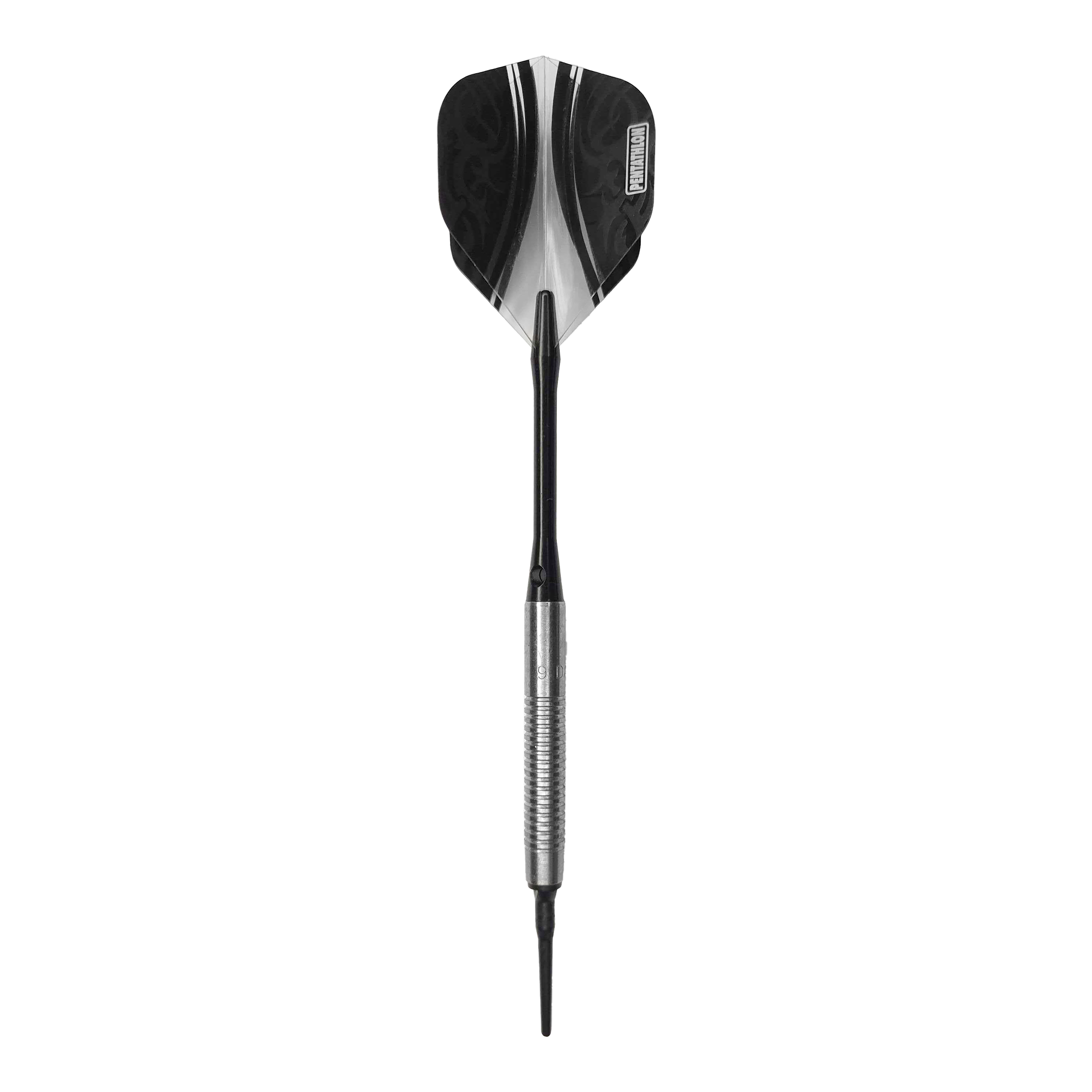 McDart 85 Tungsten V21 soft darts - 18.5g Das Bild zeigt einen McDart 85er Tungsten V21 Softdart mit einem Gewicht von 18,5g. Der Dart hat eine silberne, gerillte Barrel und schwarze Flights.