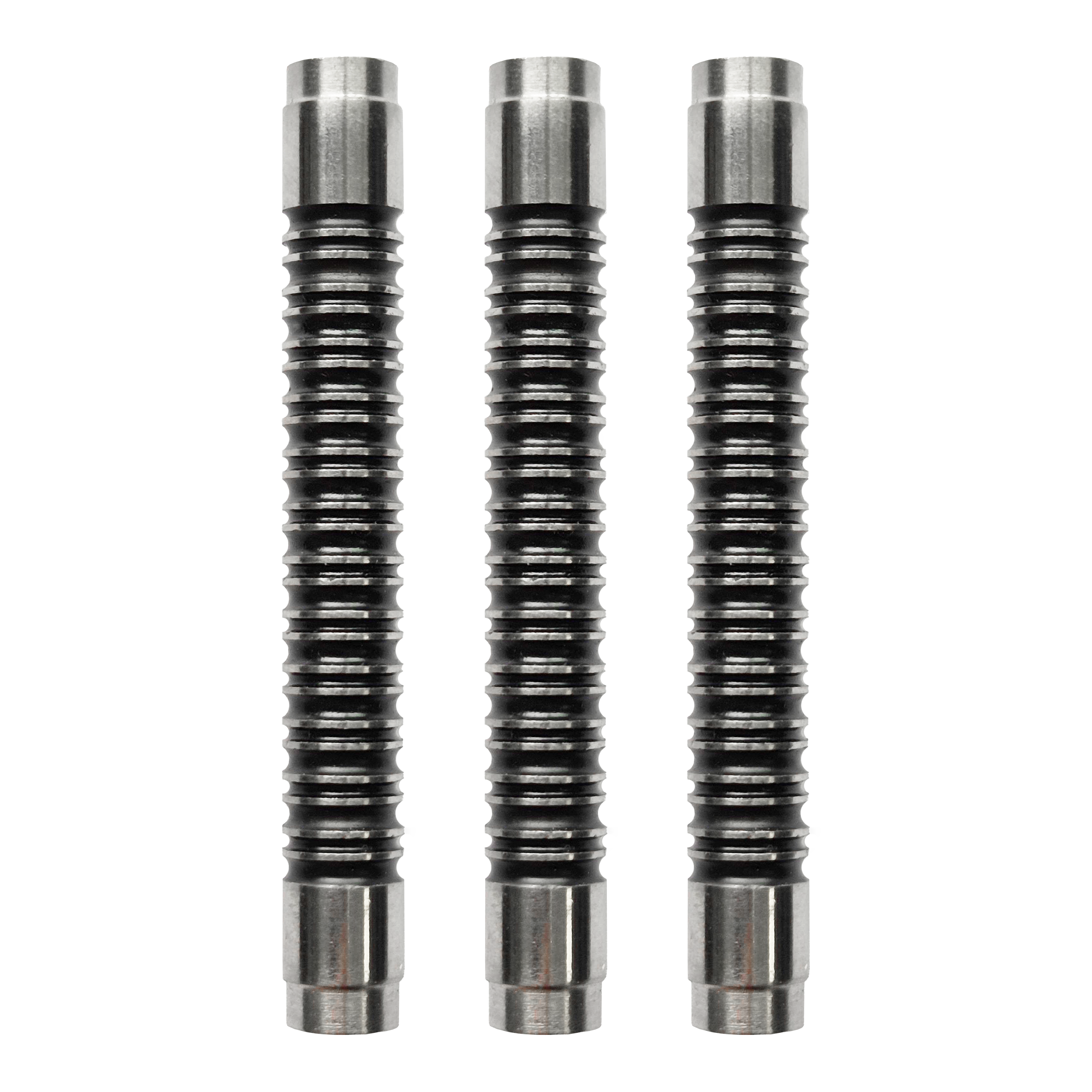McDart Super Grip 4 90% soft dart barrels Das Bild zeigt drei McDart Super Grip 4 90% Softdart-Barrels. Die Barrels sind silbern und haben eine stark geriffelte Oberfläche für besseren Halt.