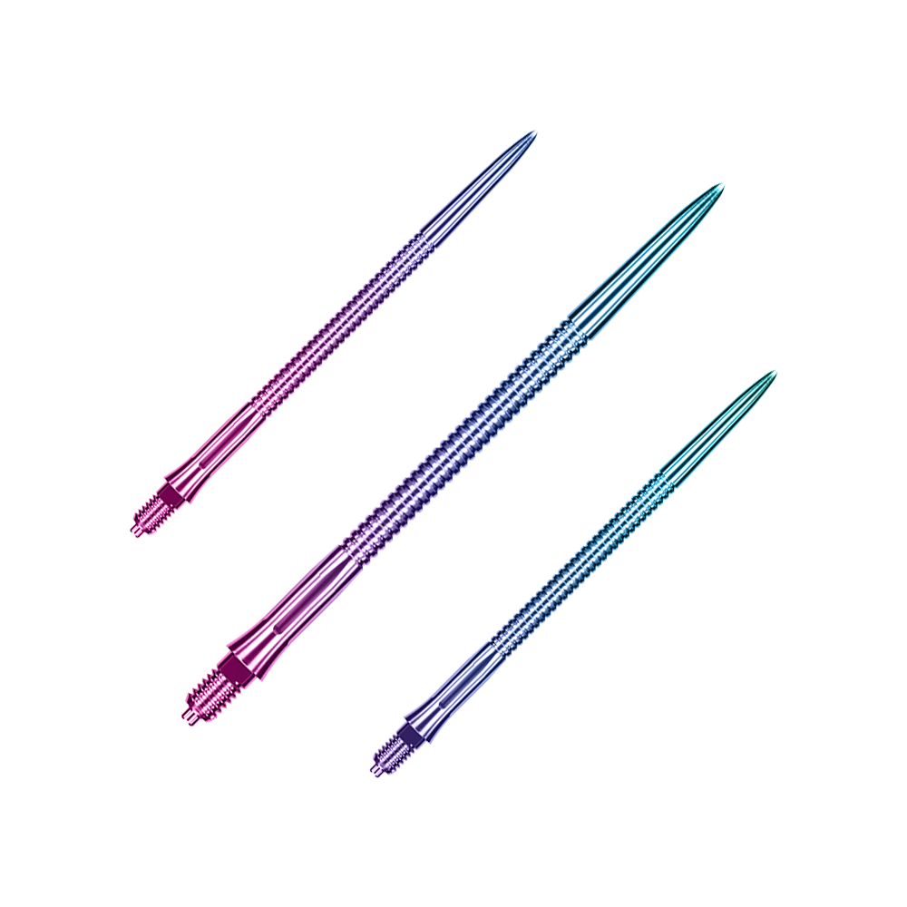 Caliburn EZ-EVO dart tips - Grooved - Rainbow Auf dem Bild sieht man ein Set Caliburn EZ-EVO Dartspitzen mit grooved Rainbow-Optik, 45 mm lang. Die Spitzen zeichnen sich durch ein buntes, geriffeltes Muster aus.