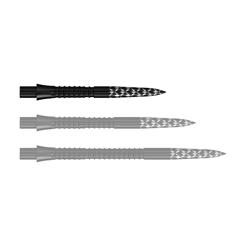 Abgebildet sind Schwarze Steeldartspitzen mit GV-Logo, 26 mm lang. Es handelt sich um Zubehör für Dartpfeile aus der Mission Caliburn EVO Serie.
