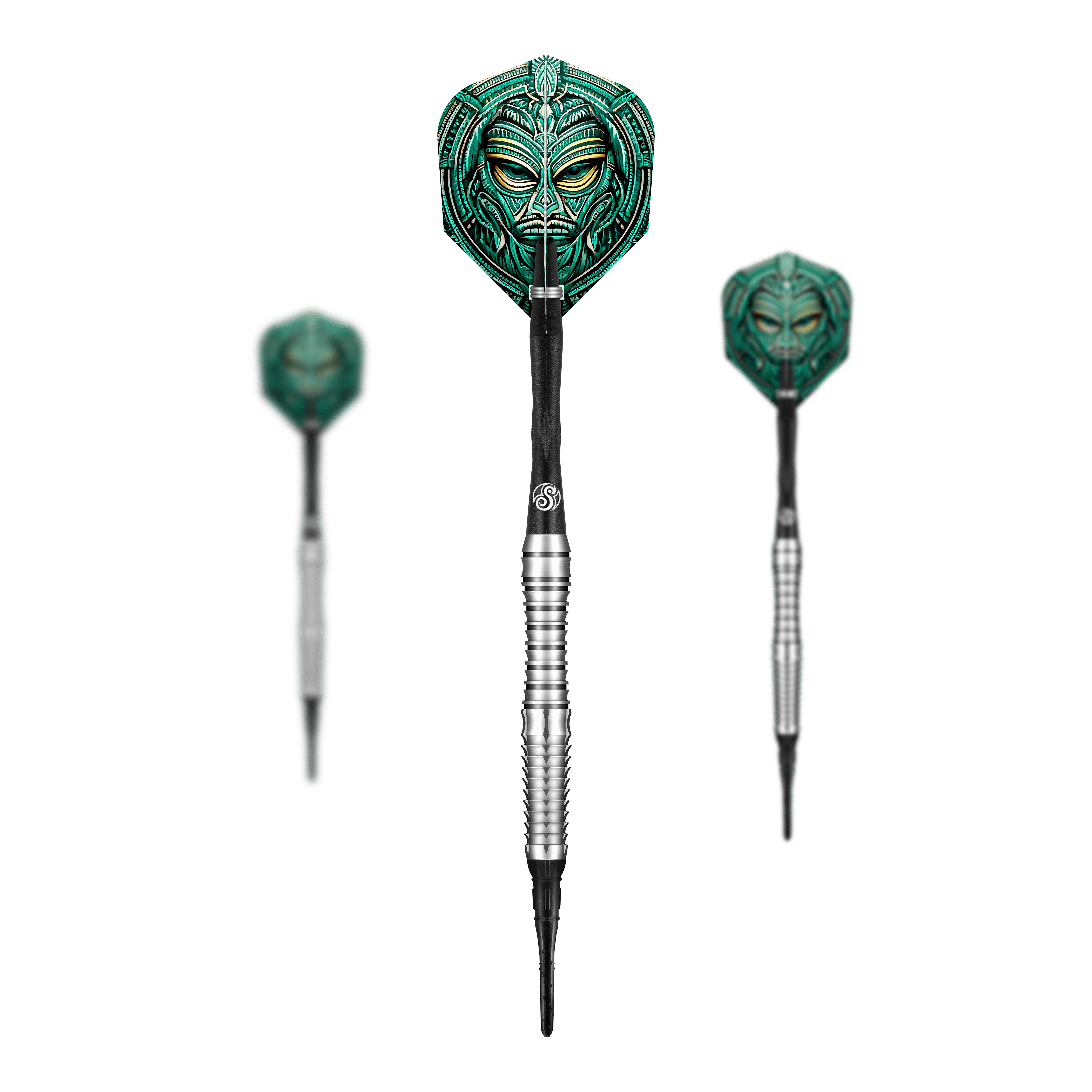 Shot Tribal Weapon Toki soft darts Das Bild zeigt drei Softdarts des Produkts "Shot Tribal Weapon Toki". Die Flights sind mit einem auffälligen, grün-türkisen Tribal-Motiv verziert.