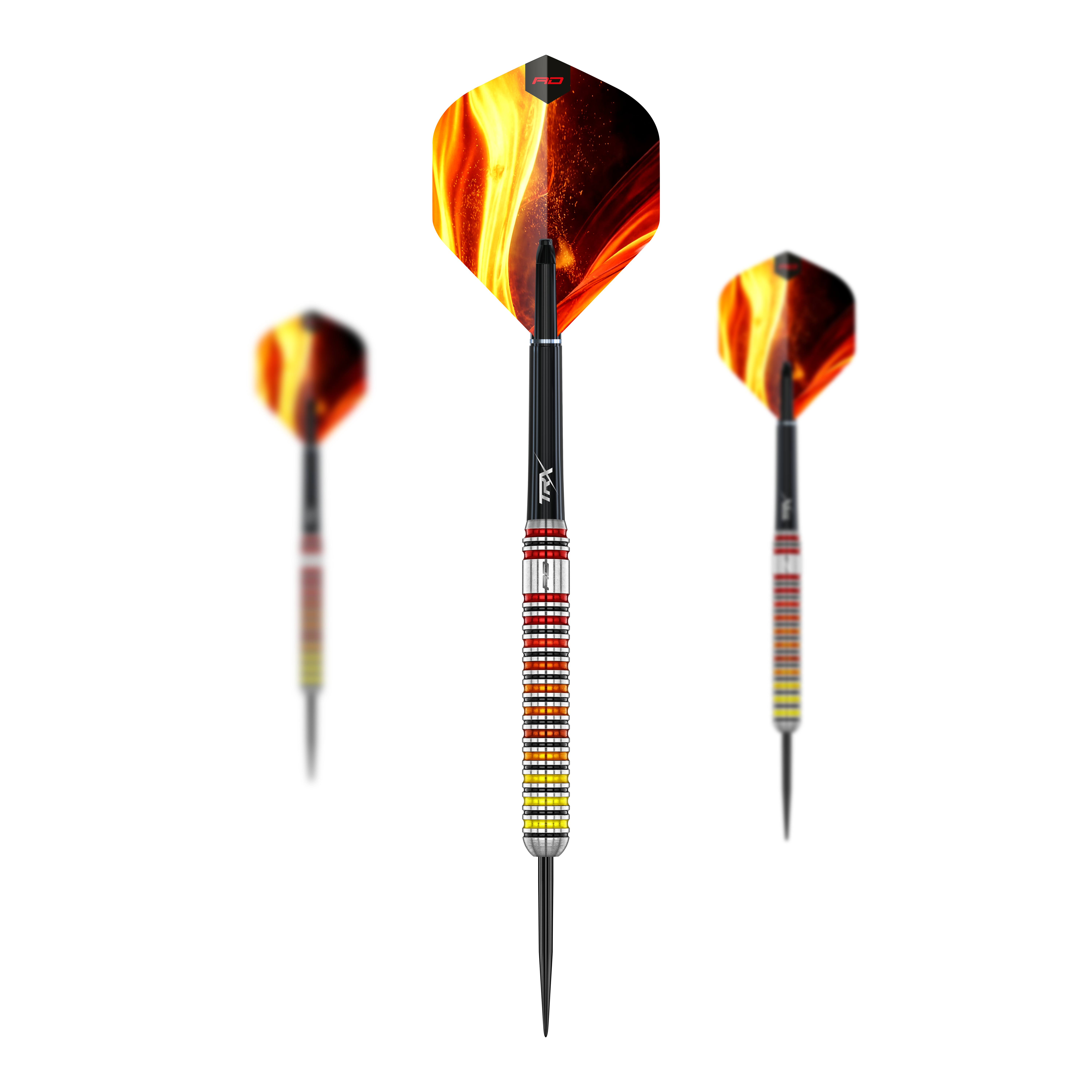 Red Dragon Furnace Steel Darts Hier sehen Sie das Set der Red Dragon Furnace Steeldarts. Die Darts sind in einer geordneten Anordnung dargestellt.