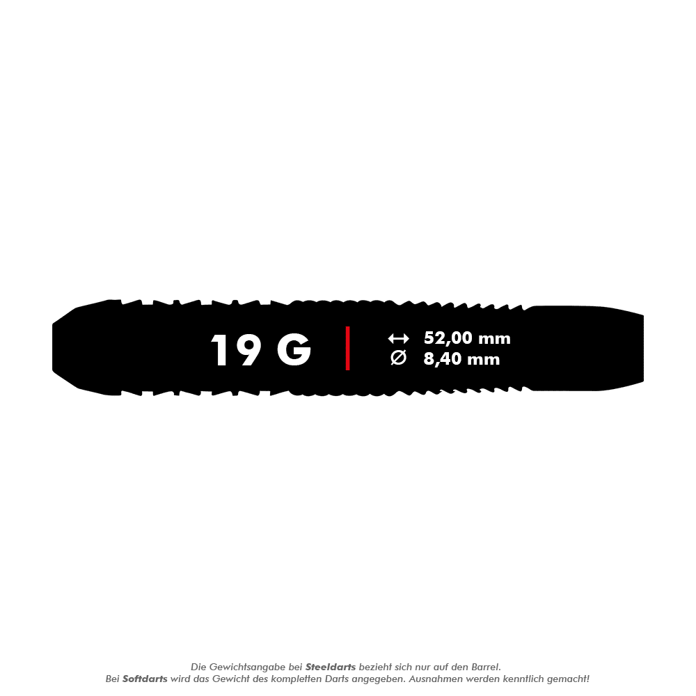 Unicorn Top Brass V2 Steeldarts - 19g Das Bild zeigt die Produktinformationen für die Unicorn Top Brass V2 Steeldarts - 19g. Die Darts wiegen 19 Gramm, sind 52,00 mm lang und haben einen Durchmesser von 8,40 mm.