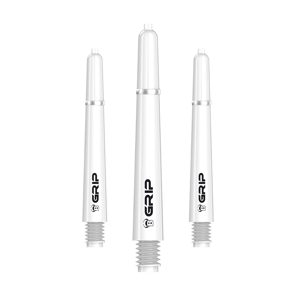 Das Bild zeigt drei weiße Dartschäfte des Produkts "Bulls B-Grip-2 SL Shafts - Weiß". Auf den Schäften steht das Wort "GRIP" in schwarzer Schrift.
