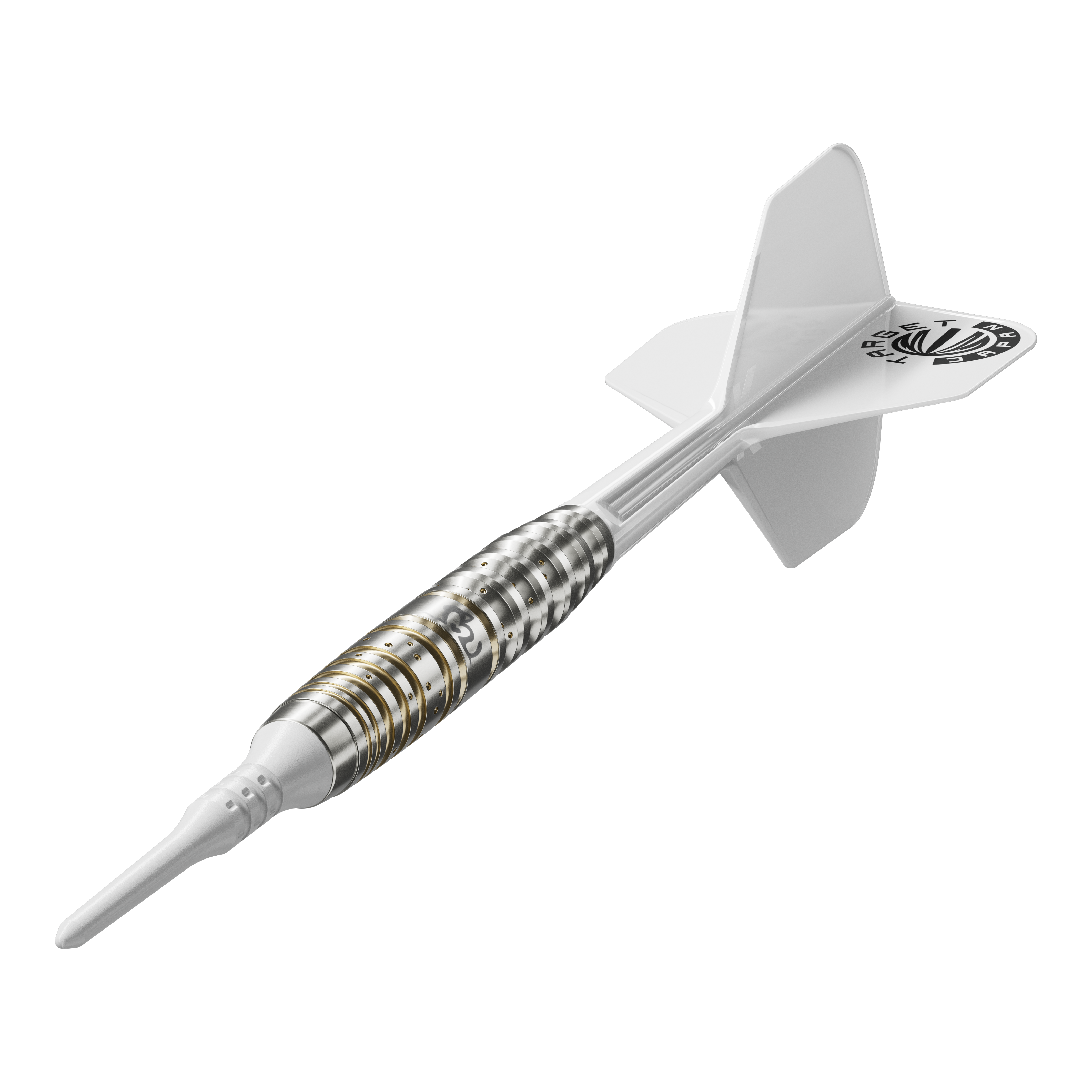 Das Bild zeigt einen Softdartpfeil aus der Target Japan Prime Series Mayujo Morita GEN6 mit einem Gewicht von 18g. Der Pfeil hat ein weißes Flight und ein silberfarbenes Barrel mit goldenen Akzenten.