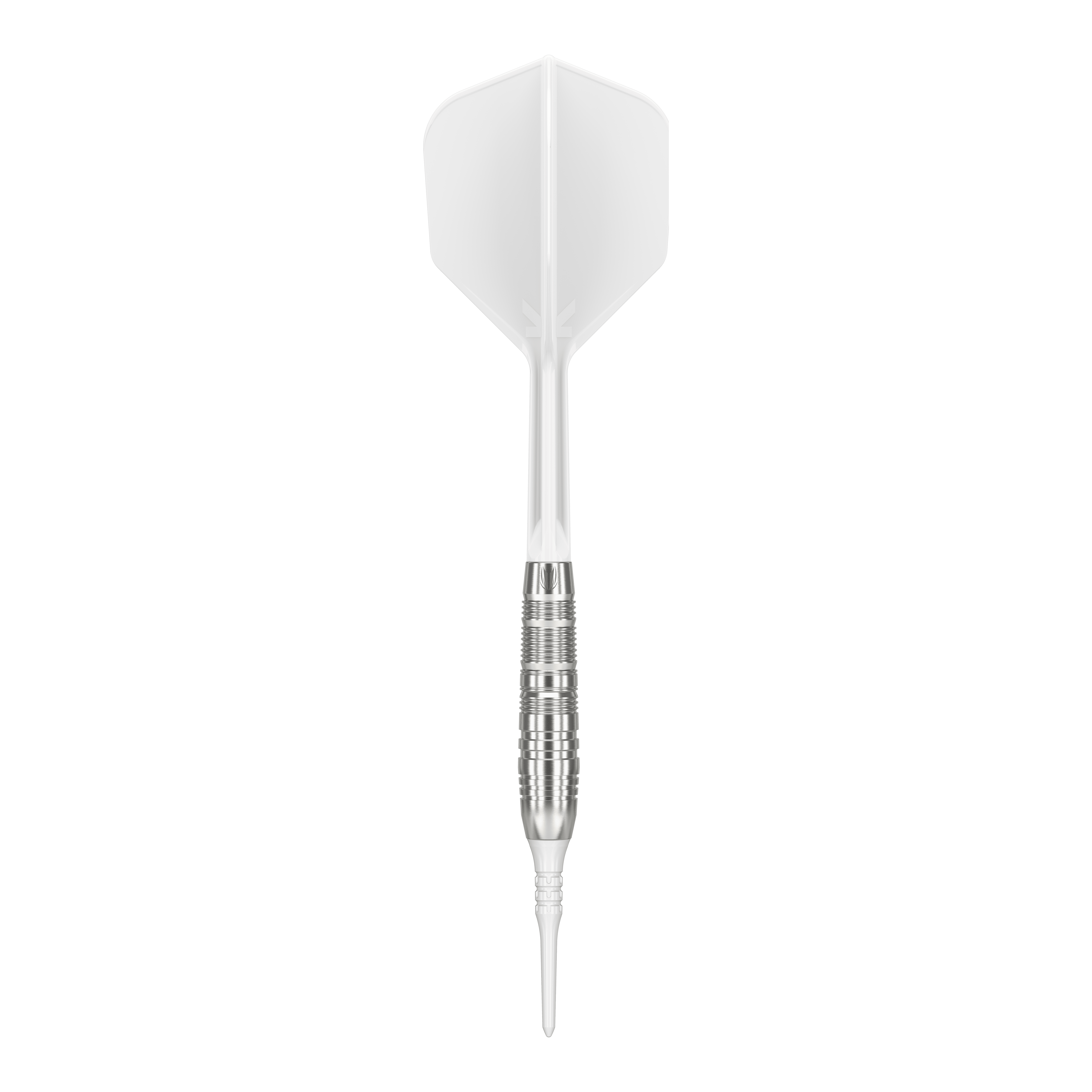Target Japan Crux Trust Soft Darts - 17g Das Bild zeigt einen Target Japan Crux Trust Softdart mit einem Gewicht von 17 Gramm. Der Dart hat einen silbernen, gerillten Schaft und weiße Flights.