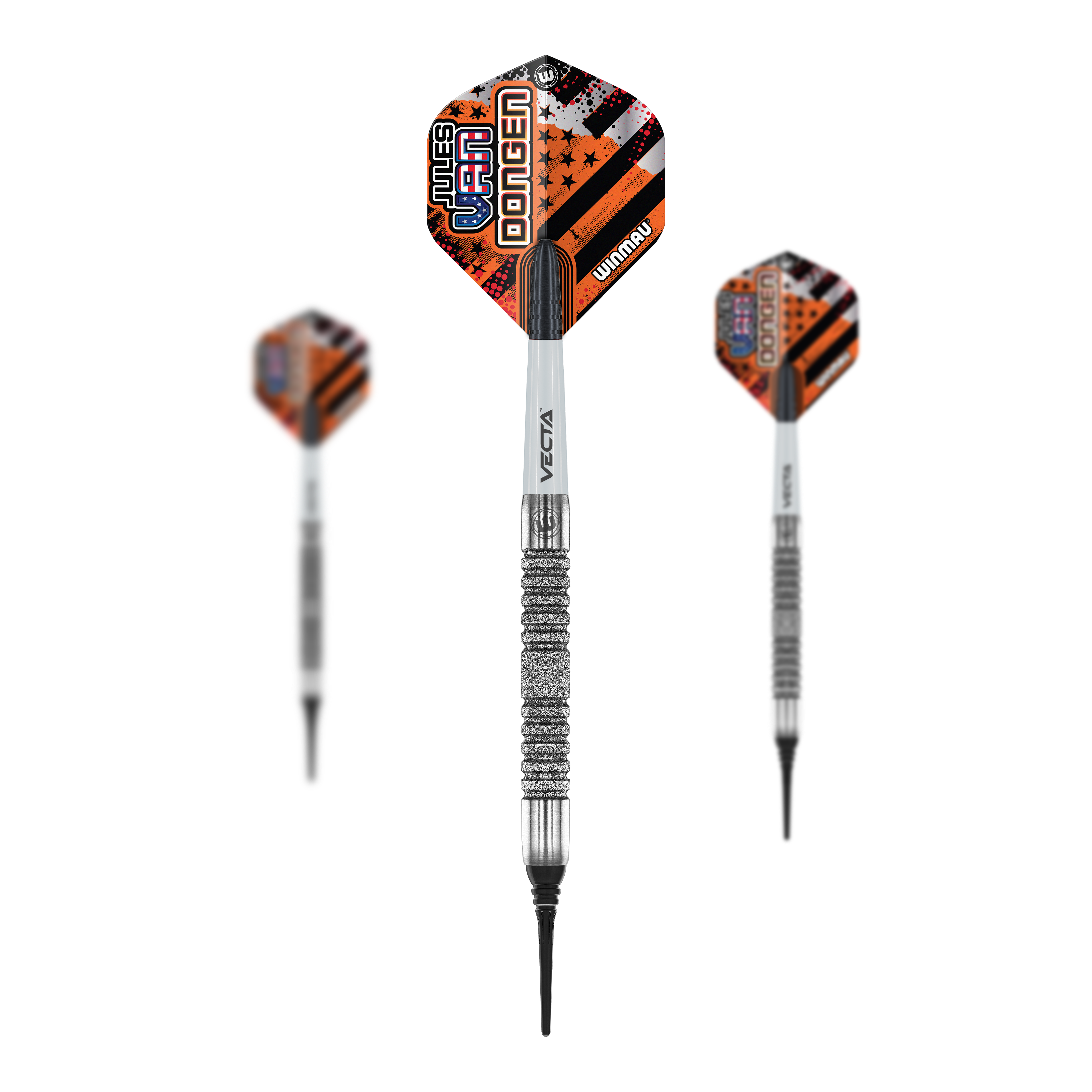 Winmau Jules Van Dongen soft darts - 20g Das Bild zeigt drei Winmau Jules Van Dongen Softdarts mit einem Gewicht von 20g. Die Darts haben auffällige, orange-schwarze Flights und eine silberne, geriffelte Griffzone.