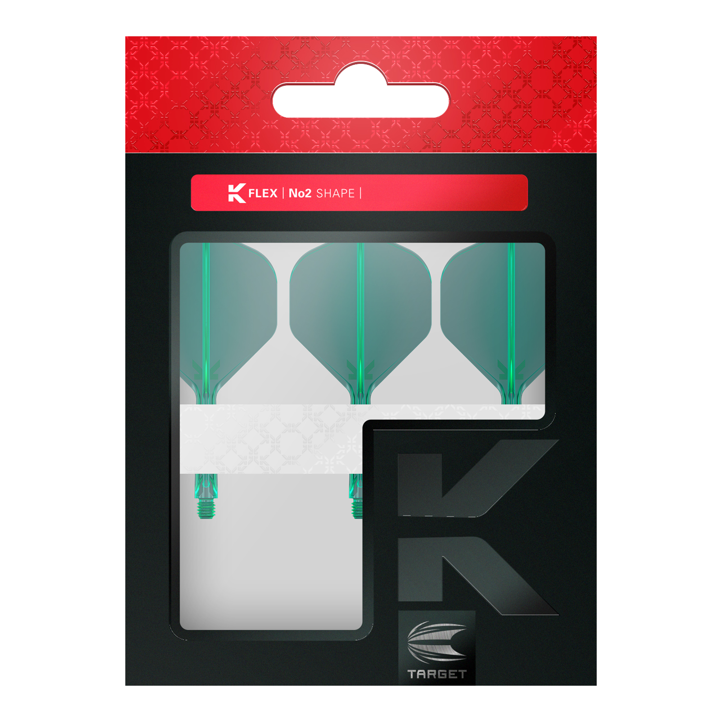 Target K-Flex No2 Standard Flight System - Green Auf dem Bild ist eine Packung mit drei grünen Dartflights der Marke Target zu sehen. Die Verpackung ist überwiegend schwarz mit einem roten oberen Abschnitt und dem Aufdruck "K FLEX | No2 SHAPE".