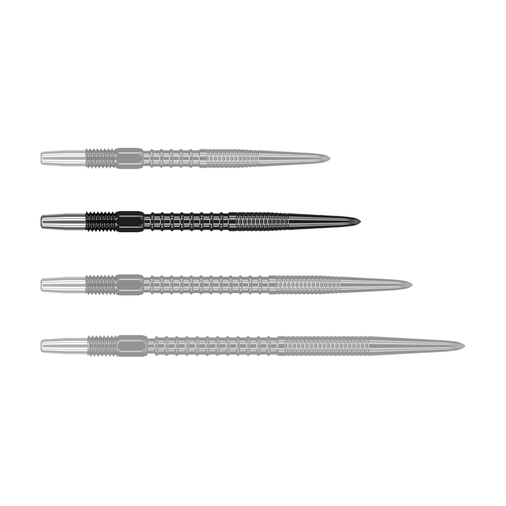 Target Swiss Firepoint Black dart tips Auf dem Bild sind vier schwarze Dartspitzen zu sehen, die nebeneinander liegen. Sie haben ein geriffeltes Design und bestehen aus Metall.
