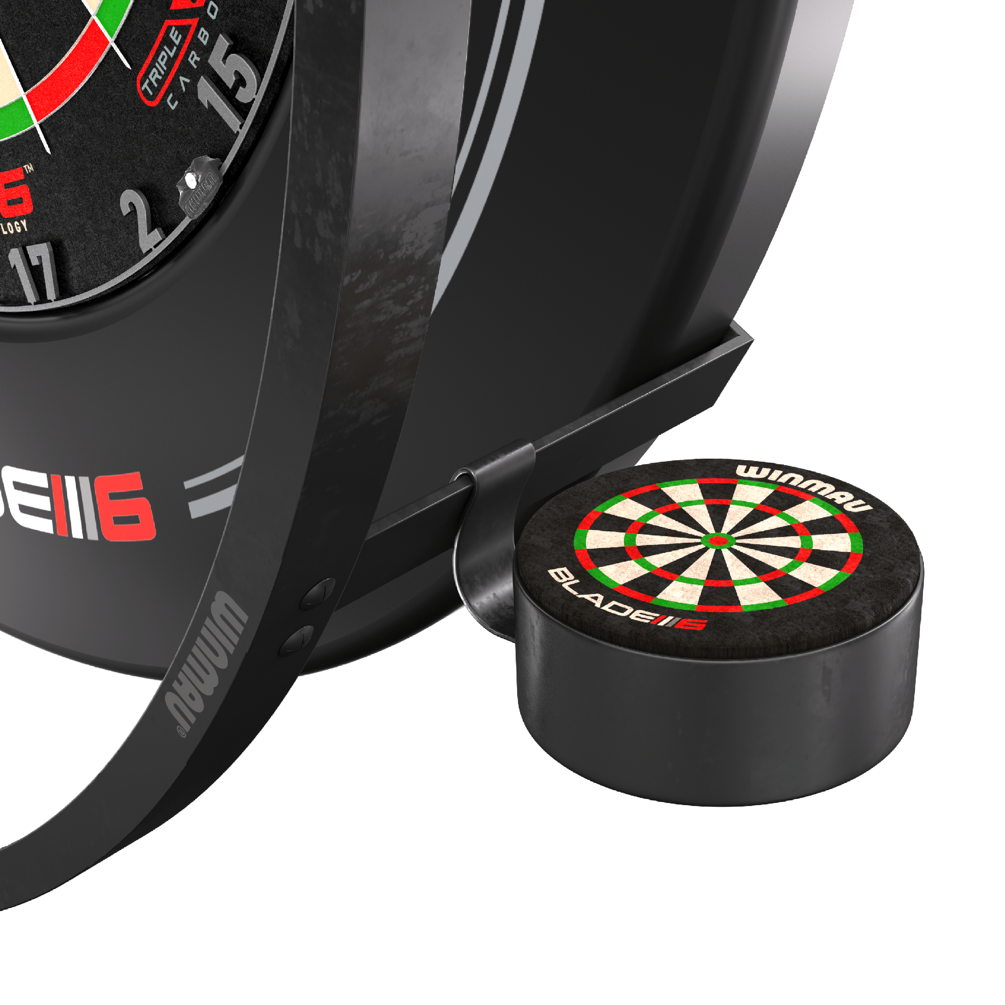 Winmau Plasma Accessory Set Das Bild zeigt das Winmau Plasma Zubehör Set für Dartscheiben. Zu sehen sind Teile des Zubehörs sowie ein Element mit einem aufgedruckten Dartboard-Design.