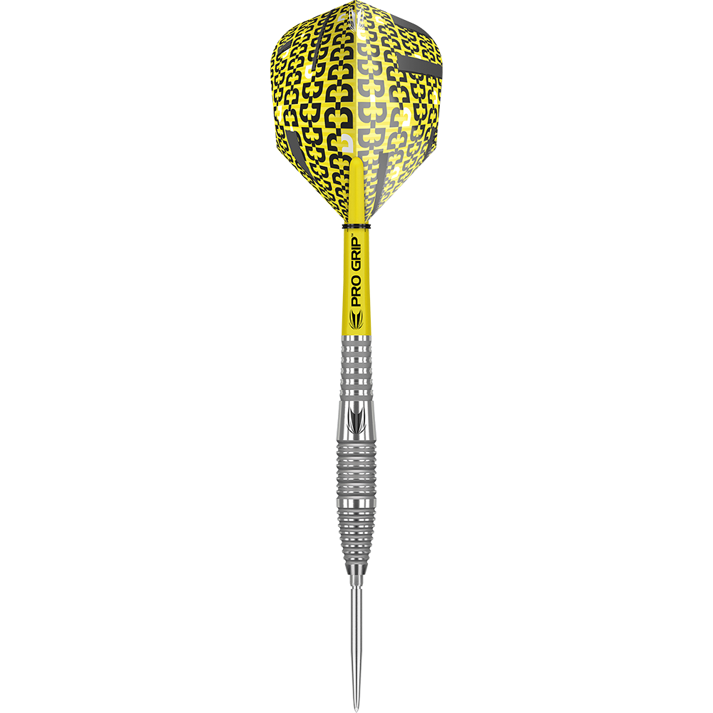 190063_Target_Bolide_05_Swiss_Point_Steeldarts_1DfIvpIceSq5Yb Das Bild zeigt einen Target Bolide 05 Swiss Point Steeldart. Der Dartpfeil hat eine gelbe Flight mit schwarzem Muster und einen silbernen, strukturierten Schaft.