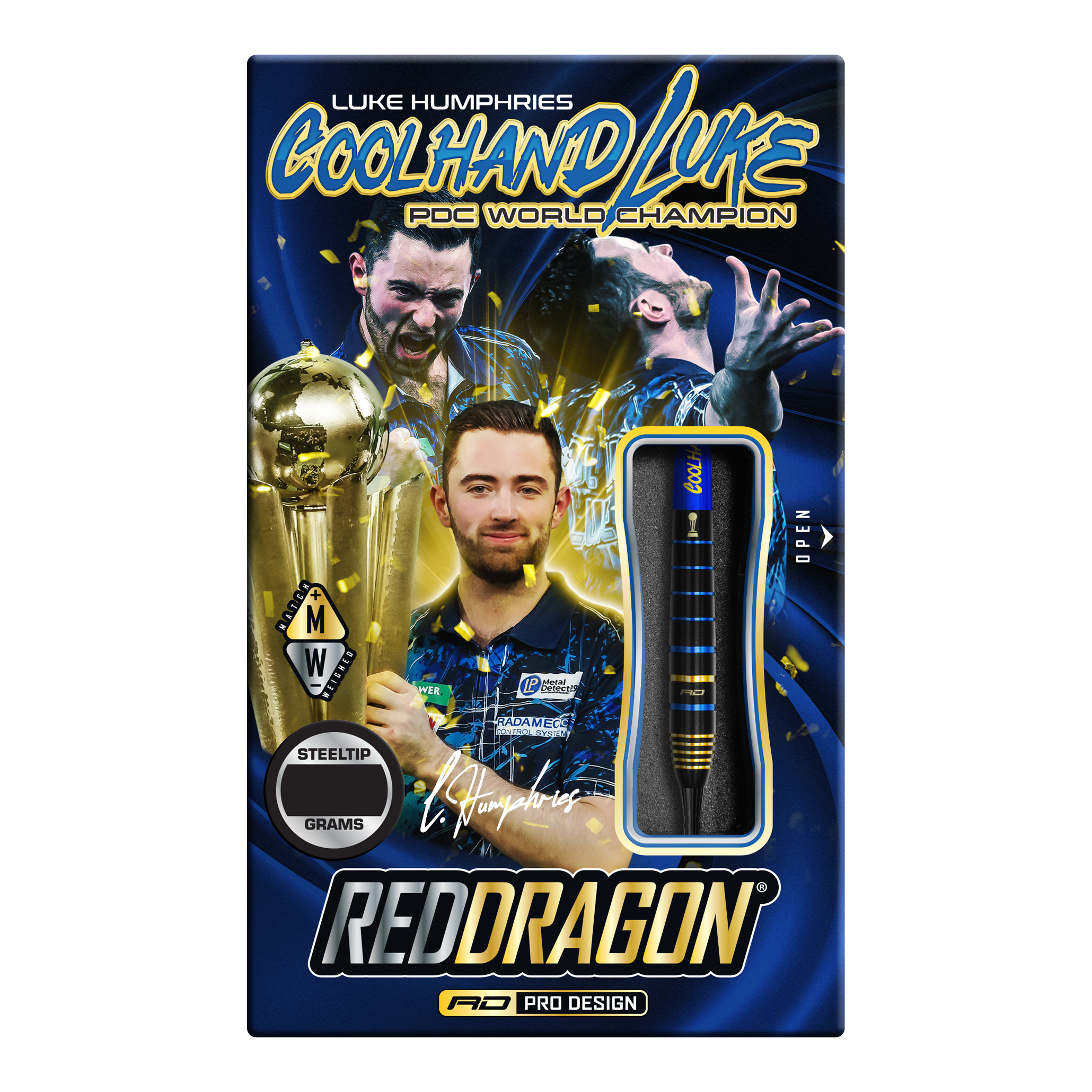 Red Dragon Luke Humphries TX4 Avenger steel darts Die Verpackung zeigt die "Red Dragon Luke Humphries TX4 Avenger Steeldarts" mit einem Bild von Luke Humphries als PDC Weltmeister. Die Darts sind im Design sichtbar und die Packung ist in Blau und Gold gestaltet.