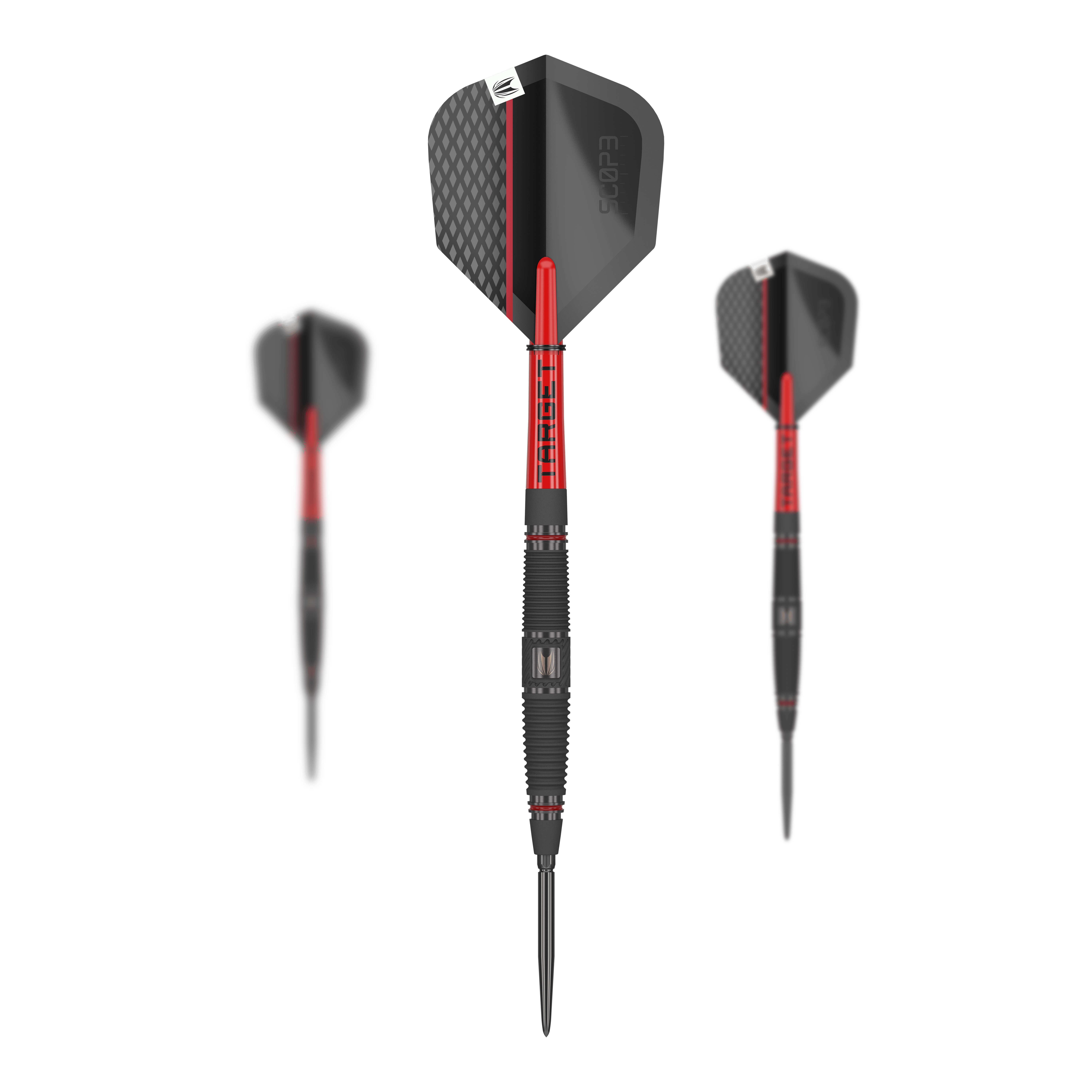 Target Scope 04 Swiss Point steel darts Auf dem Bild sind drei Steeldarts des Modells "Target Scope 04 Swiss Point" zu sehen. Die Darts haben ein modernes Design in Schwarz und Rot mit auffälligen Details.