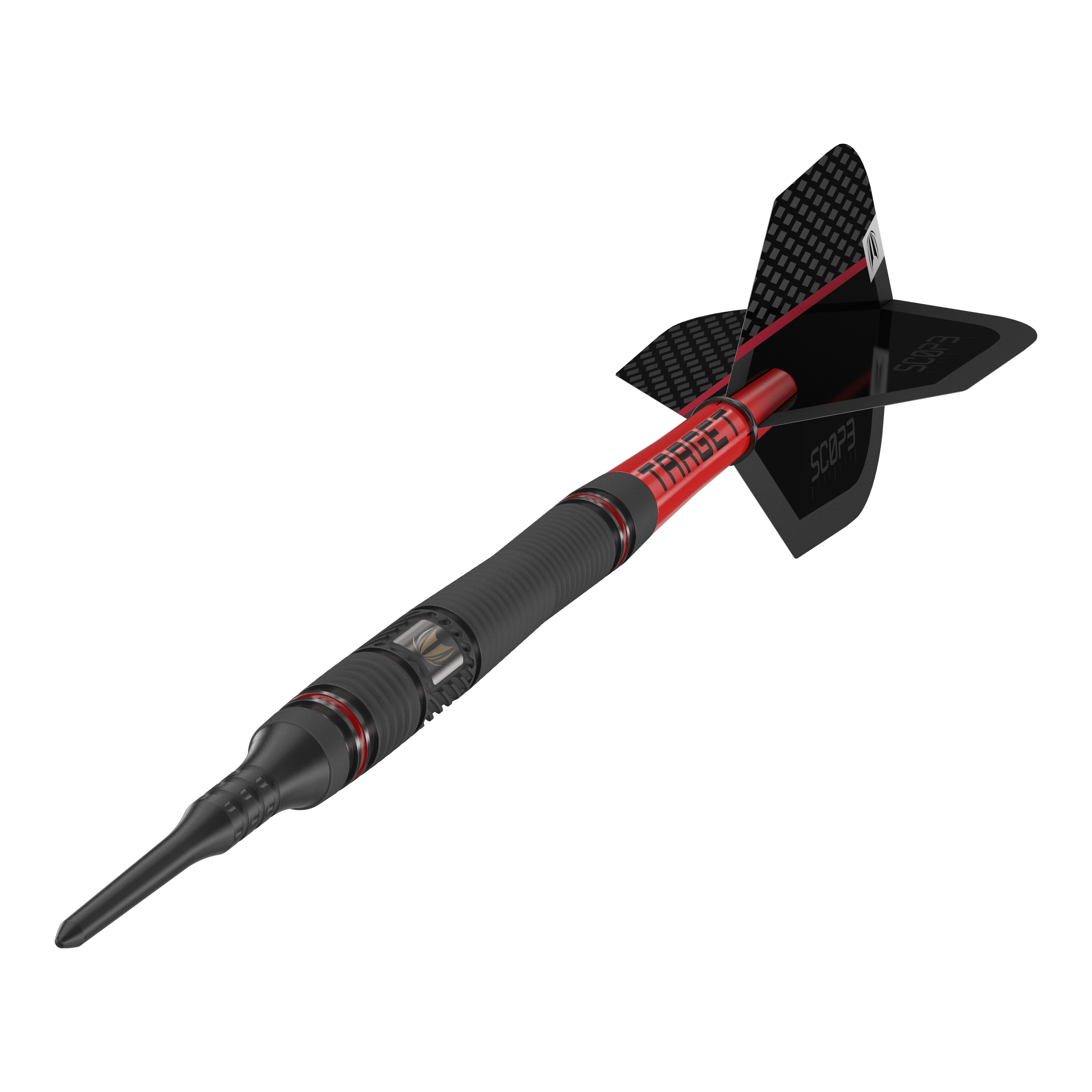 Target Scope 11 Soft Darts Das Bild zeigt einen Target Scope 11 Softdart mit schwarzem und rotem Design. Der Dartpfeil hat eine schwarze Spitze und eine schwarze Flight-Fläche mit Schriftzug.