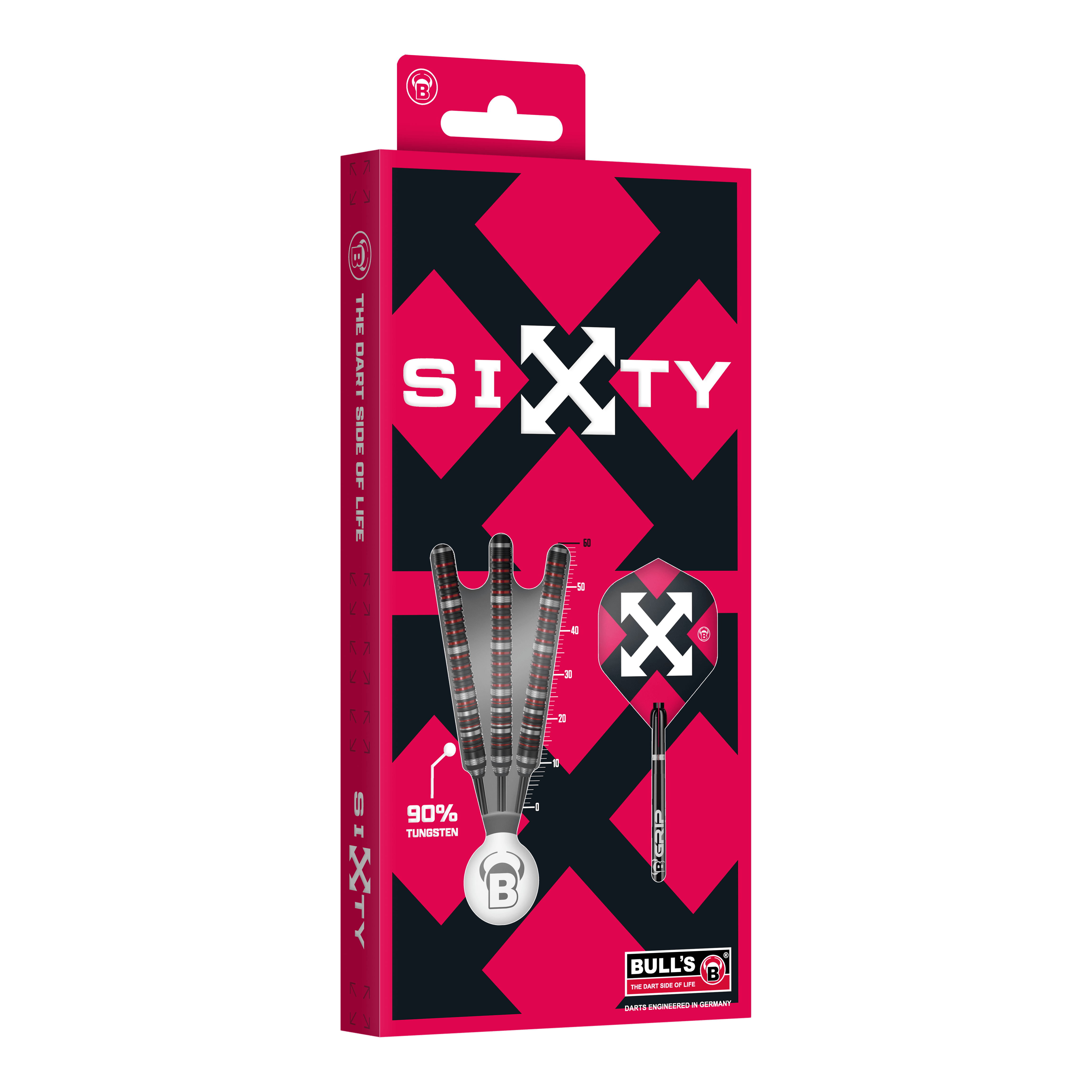 Hier sind die Bulls Sixty S2 Steeldarts abgebildet. Die Steeldarts haben ein schlankes Design und eignen sich für professionelle Spieler.