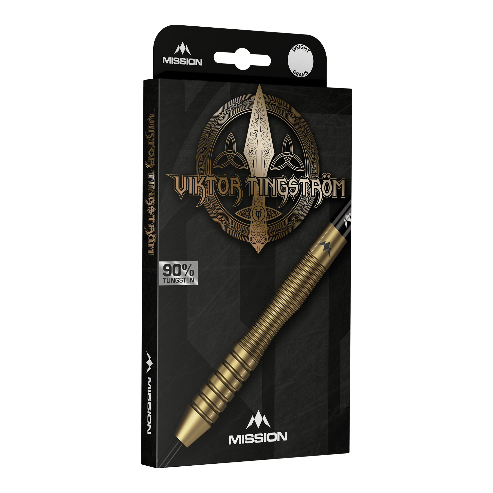 Mission Viktor Tingstrom Gold Steeldarts - 22g, mehrere Dartpfeile werden präsentiert. Die goldene Farbgebung und das spezielle Design sind erkennbar.
