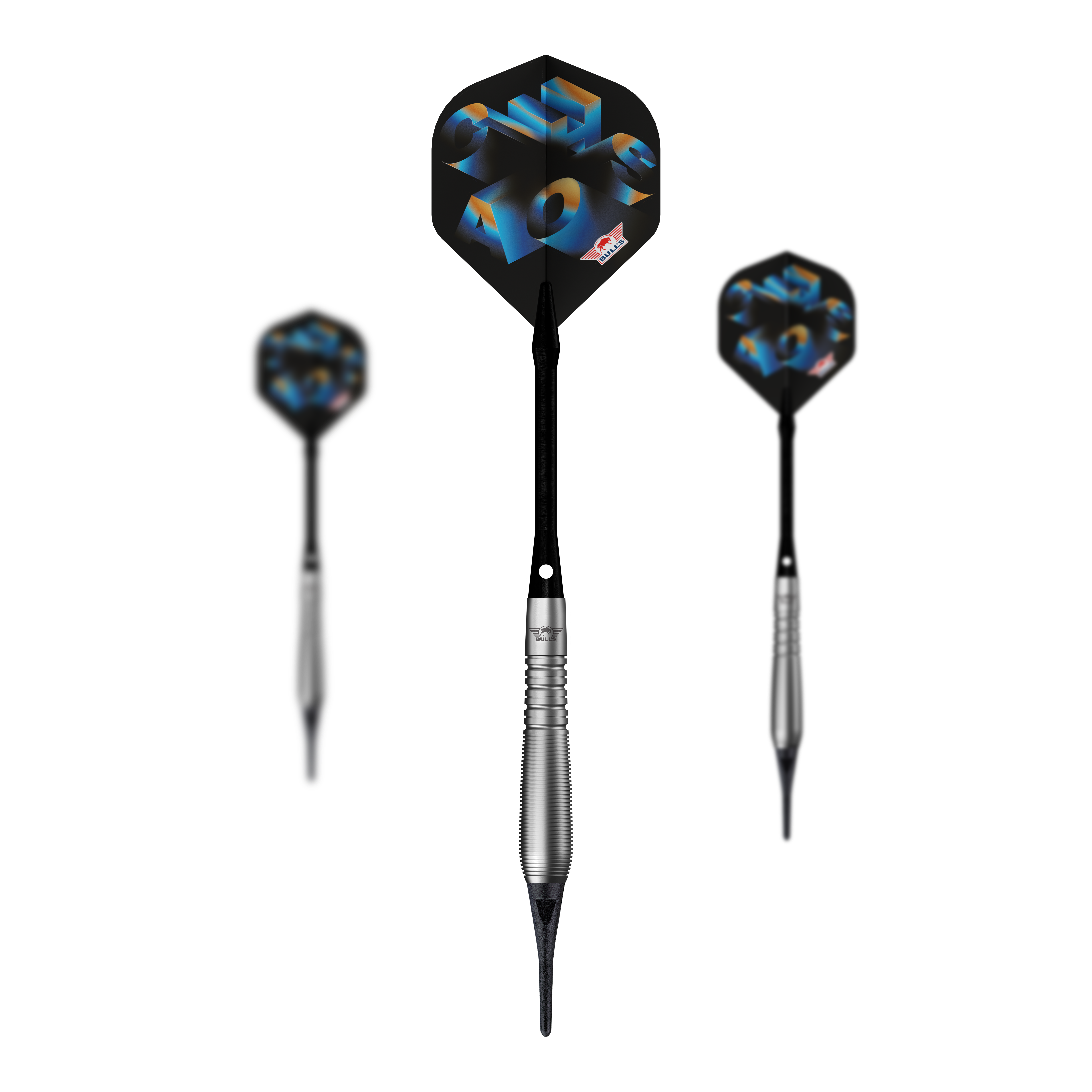 Abgebildet ist ein Set Bulls NL Chaos Blue Softdarts mit 19g. Die Softdarts sind blau und werden als komplettes Set präsentiert.
