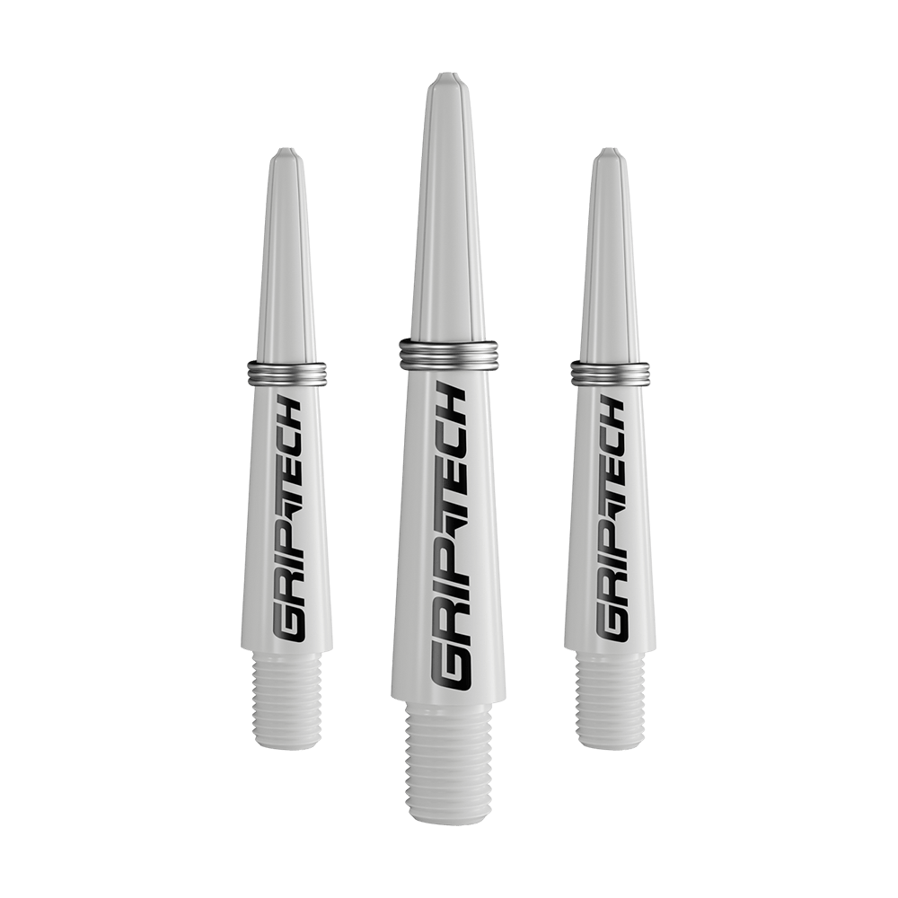 GOAT Griptech Shafts - White Das Bild zeigt drei silberne Dartschäfte mit der Aufschrift "GRIPTECH". Sie sind aus Kunststoff und haben ein Schraubgewinde am unteren Ende.