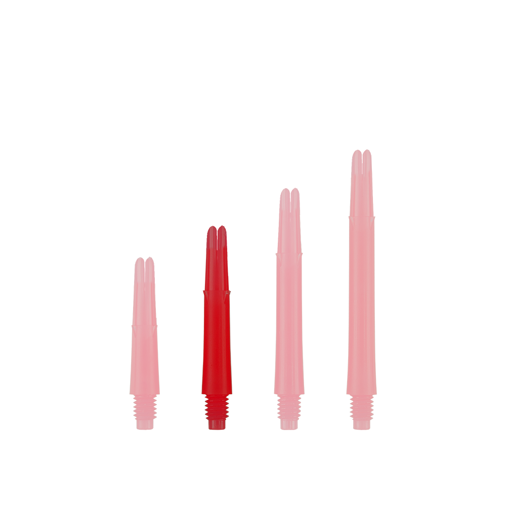 L-L-Style-Shafts Locked Straight - Red Auf dem Bild sind vier rote, gerade Dartschäfte in unterschiedlichen Längen zu sehen. Sie stehen nebeneinander aufrecht vor einem weißen Hintergrund.