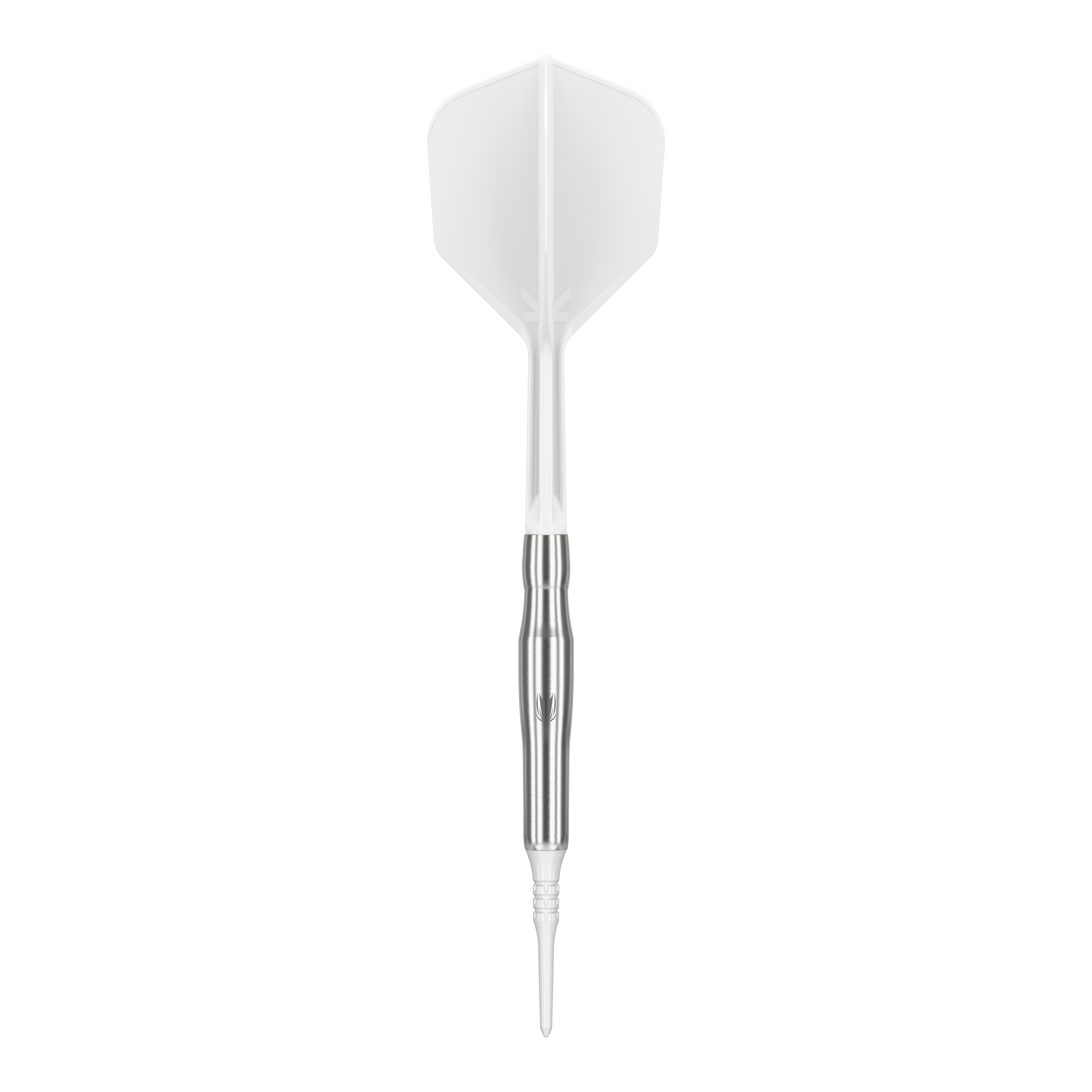 Target Japan Crux Brave Soft Darts - 18.5g Das Bild zeigt einen weißen Softdart mit silbernem Schaft. Es handelt sich um das Produkt "Target Japan Crux Brave Softdarts - 18,5g".