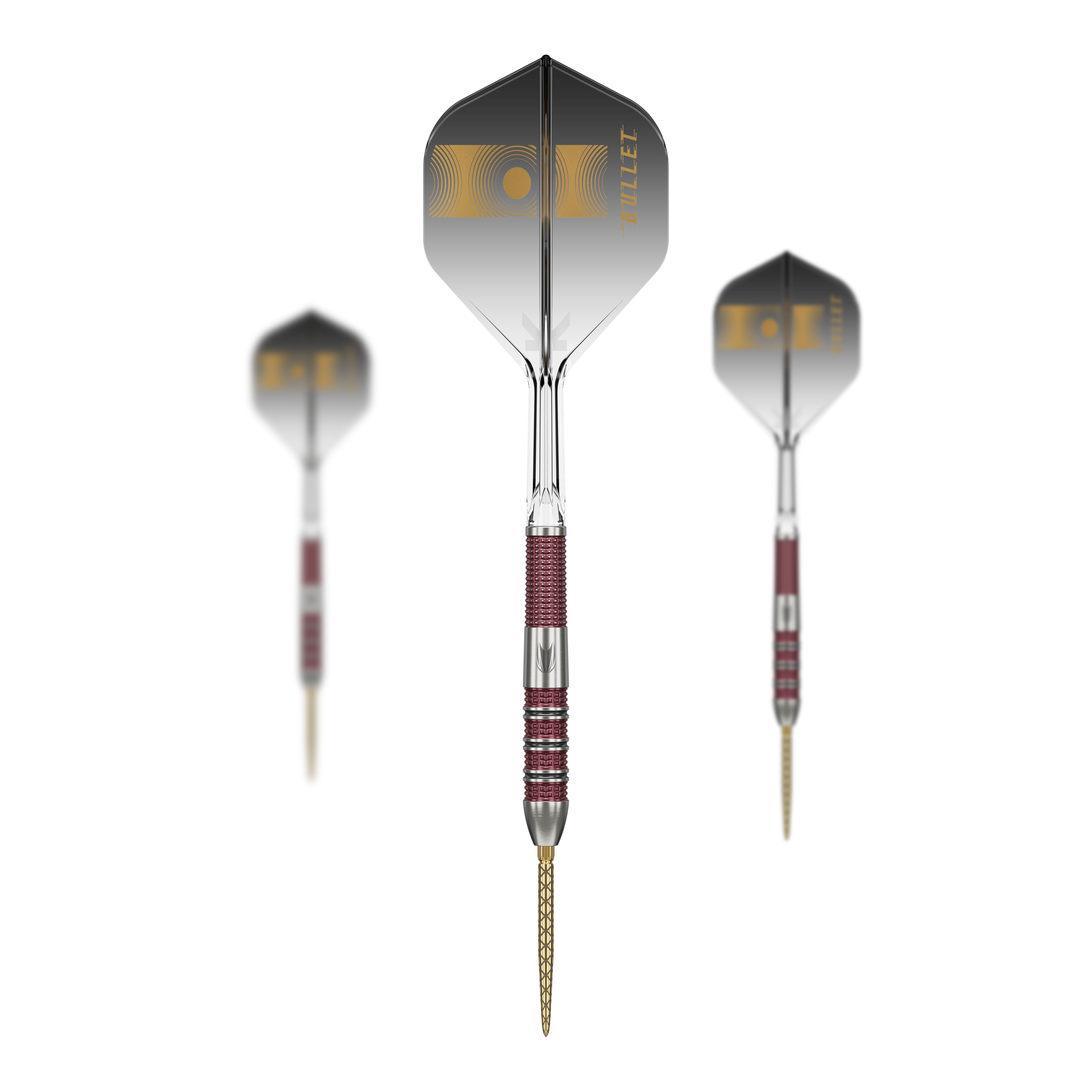 Target Stephen Bunting 95K Swiss Point Steel Darts Das Bild zeigt drei Target Stephen Bunting 95K Swiss Point Steeldarts. Die Darts haben schwarze Flights mit goldenen Akzenten und einen rot-silbernen Griffbereich.