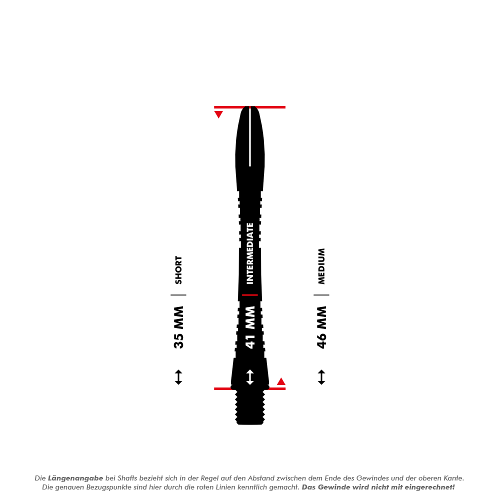 Das Bild zeigt einen Vergleich der Längen von Dartshafts, wobei die mittlere Größe (Intermediate) mit 41 mm hervorgehoben ist. Die anderen beiden aufgeführten Längen sind 35 mm (Short) und 46 mm (Medium).