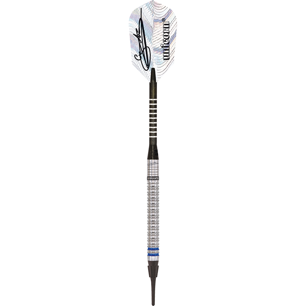 Das Bild zeigt einen Softdart der Marke Unicorn World Champion Natural Phase 3 Gary Anderson mit einem Gewicht von 18g. Der Dart hat ein silbernes Griffstück, einen schwarzen Schaft und ein weißes Flight mit Aufdruck.