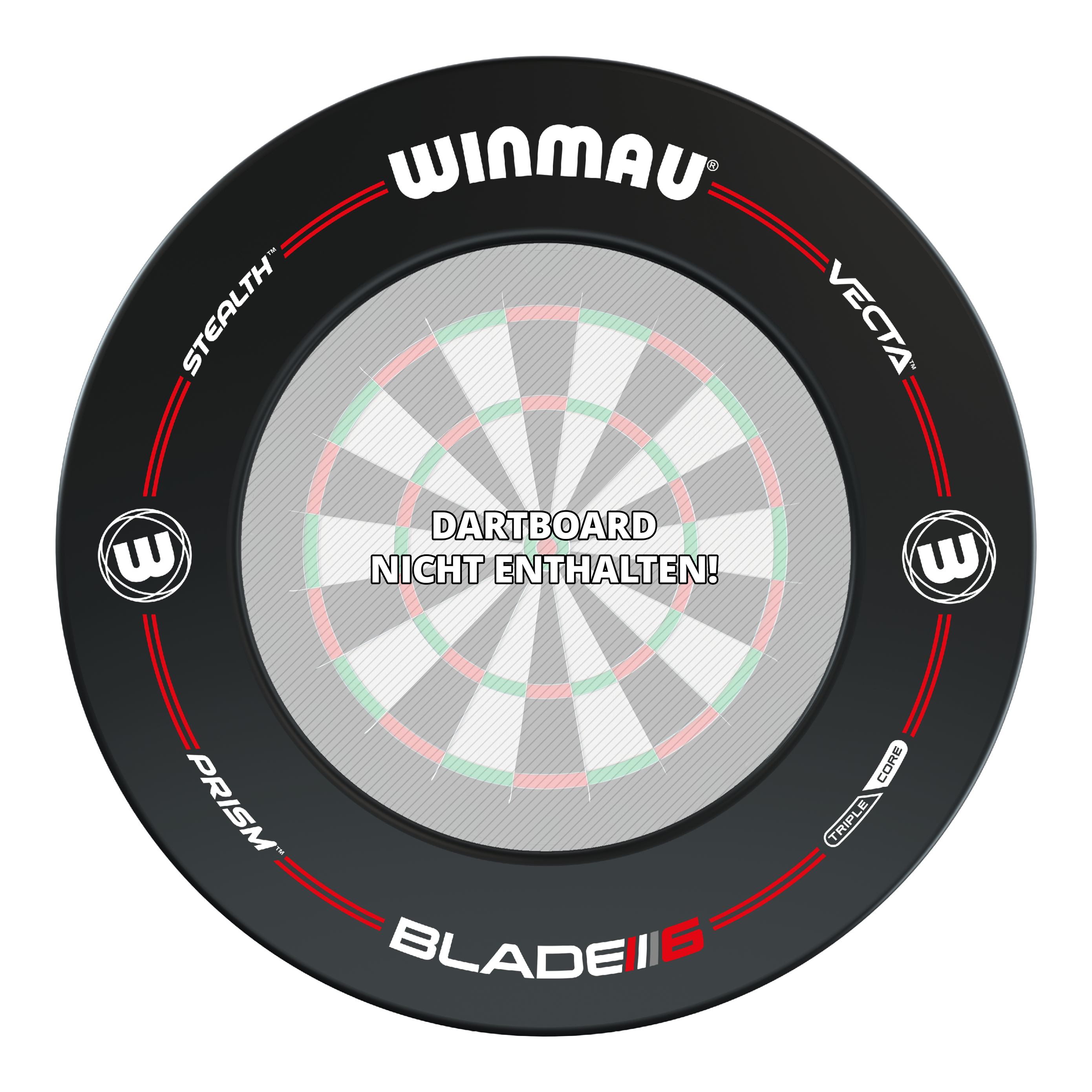 Winmau Pro-Line Blade 6 Dartboard Surround Das Bild zeigt den Winmau Pro-Line Blade 6 Dartboard Surround in Schwarz mit roten und weißen Akzenten. In der Mitte steht der Hinweis: "Dartboard nicht enthalten!"