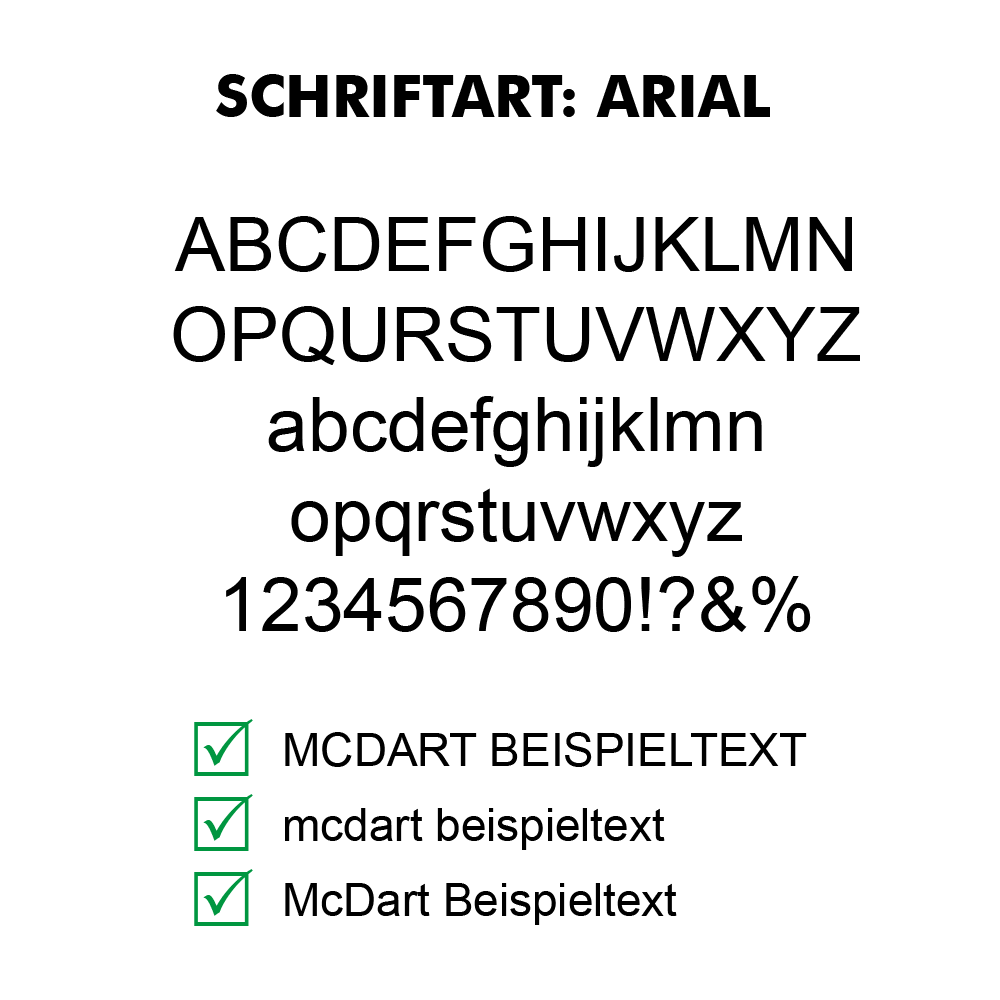 Flightdruck-Schriftart-ArialpJdFk5fkRASvH Das Bild zeigt das Produkt "10 Satz Bedruckte Flights 2-Seitig - Wunschtext - MDX Standard". Unten werden drei Vorteile mit grünen Häkchen aufgelistet: beidseitig bedruckt, persönlicher Wunschtext und schnelle Lieferung.