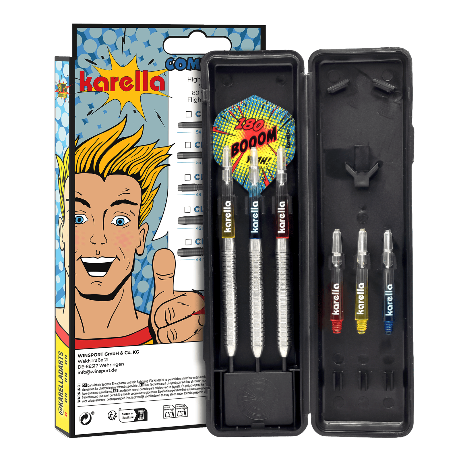 Karella Comic Line CL-2 steel darts - 23g Hier sind die Karella Comic Line CL-2 Steeldarts mit einem Gewicht von 23g abgebildet. Die Darts sind speziell für den Einsatz im Wettkampf gedacht.