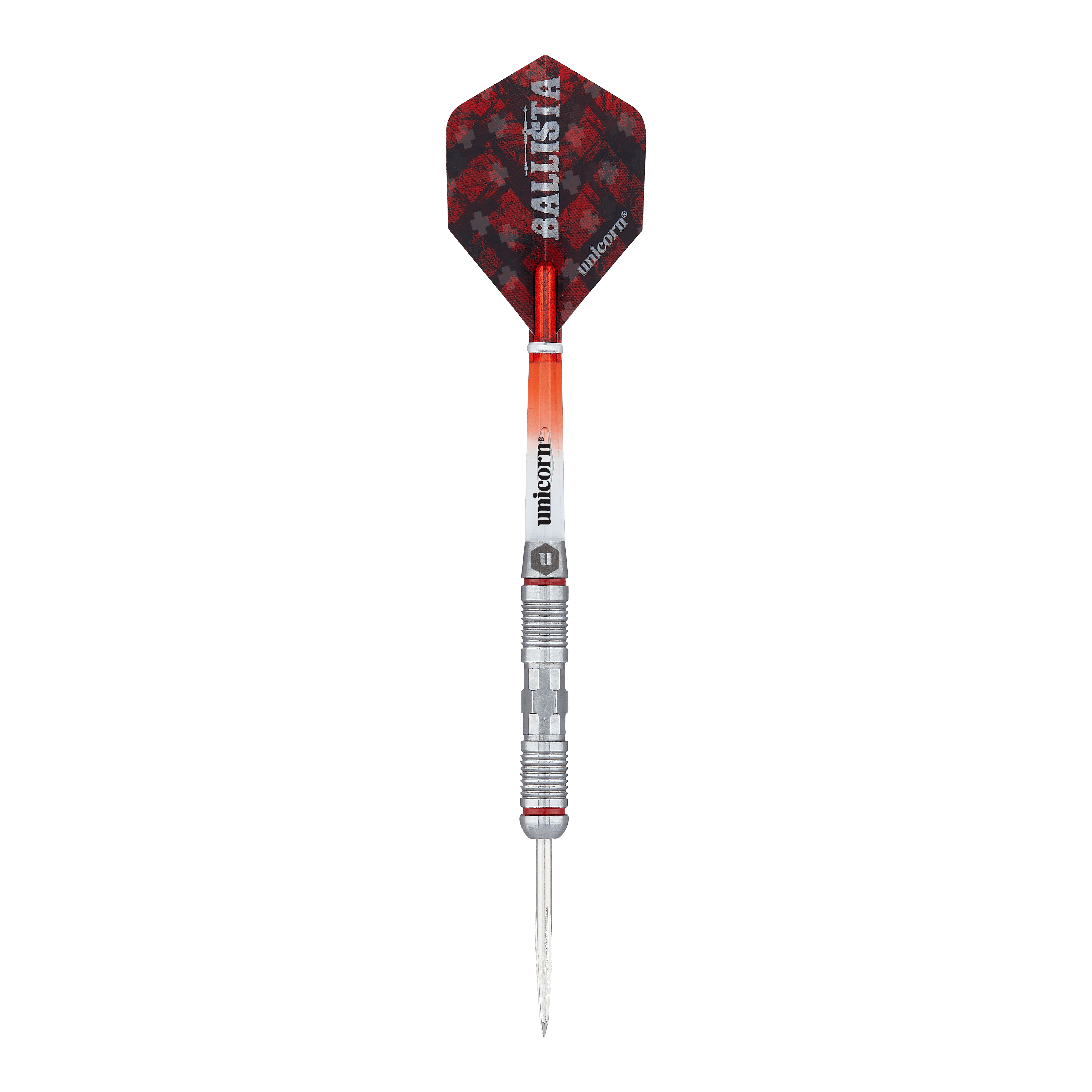 Unicorn Ballista Style 2 steel darts Das Bild zeigt einen Steeldart namens "Unicorn Ballista Style 2". Der Dart hat einen rot-schwarzen Flight und einen silbernen Schaft mit auffälligen Rillen.