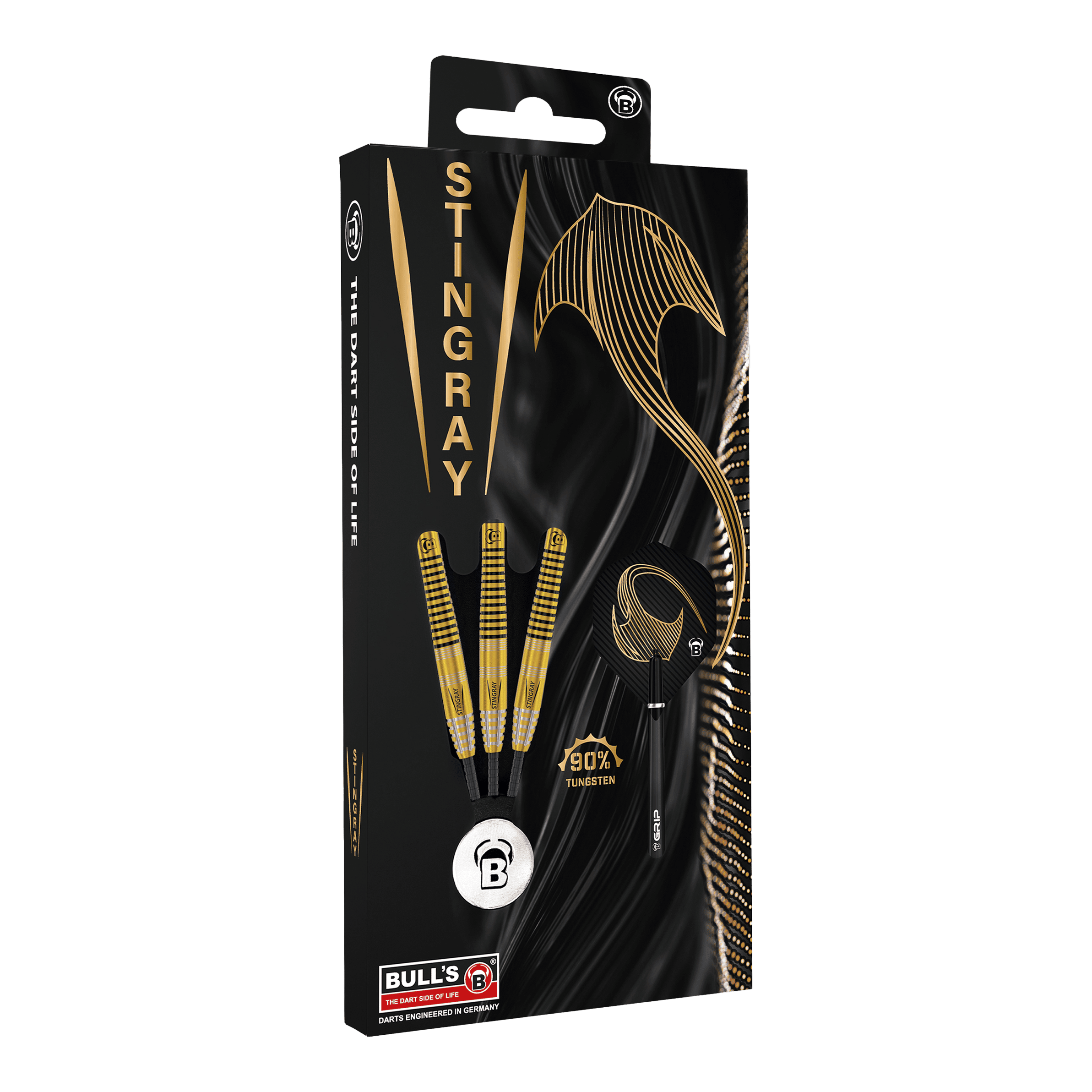 Bulls Stingray ST3 Steeldarts Die Verpackung zeigt die Bulls Stingray ST3 Steeldarts mit einem stilvollen schwarzen und goldenen Design. Auf der Packung ist auch ein goldener Stachelrochen sowie der Hinweis "90% Tungsten" abgebildet.