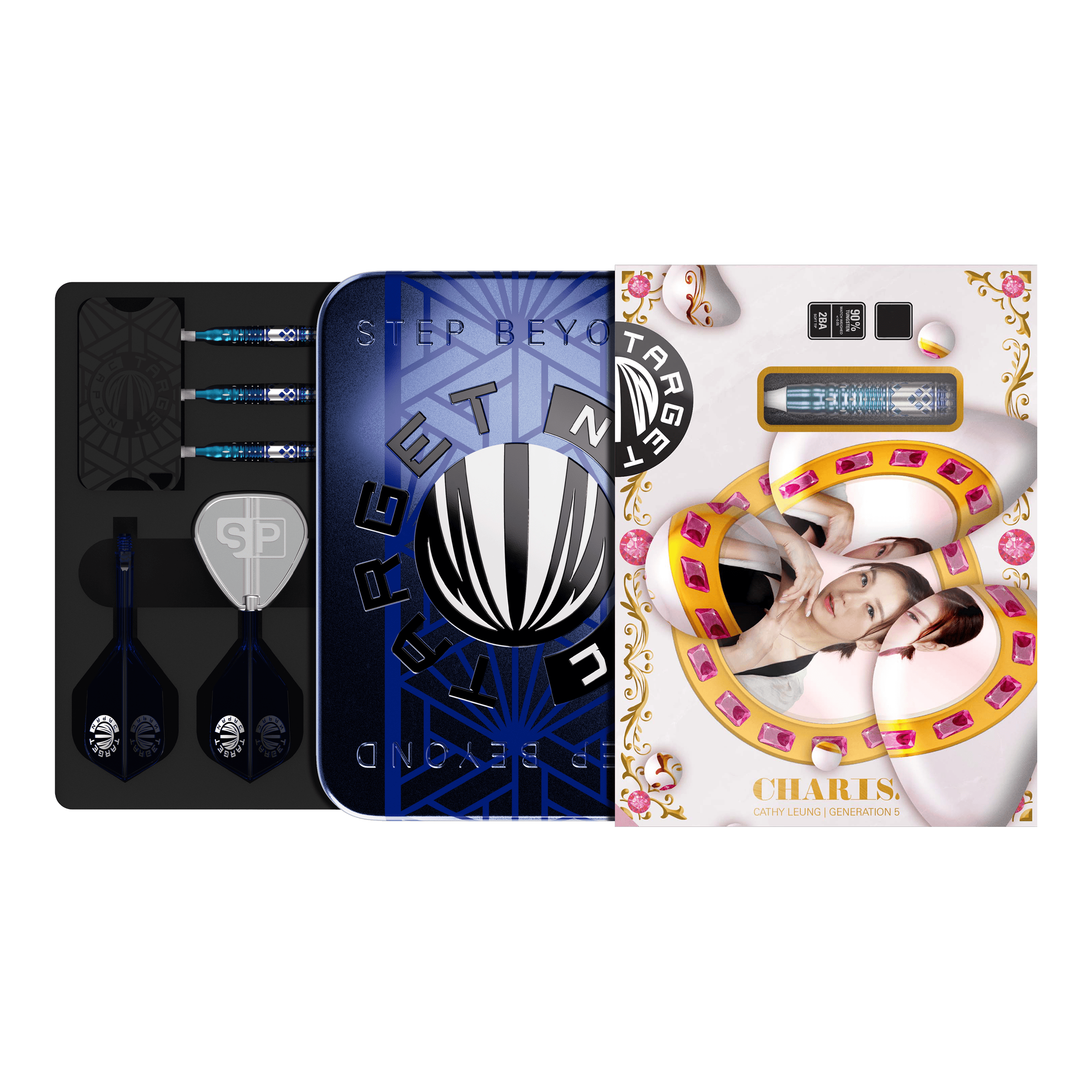 Target Japan Cathy Leung Charis GEN5 Soft Darts - 19g Das Bild zeigt das Produkt "Target Japan Cathy Leung Charis GEN5 Softdarts - 19g" in einer dekorativen Verpackung. Im Inneren sind die Darts, Flights und weiteres Zubehör ordentlich angeordnet.