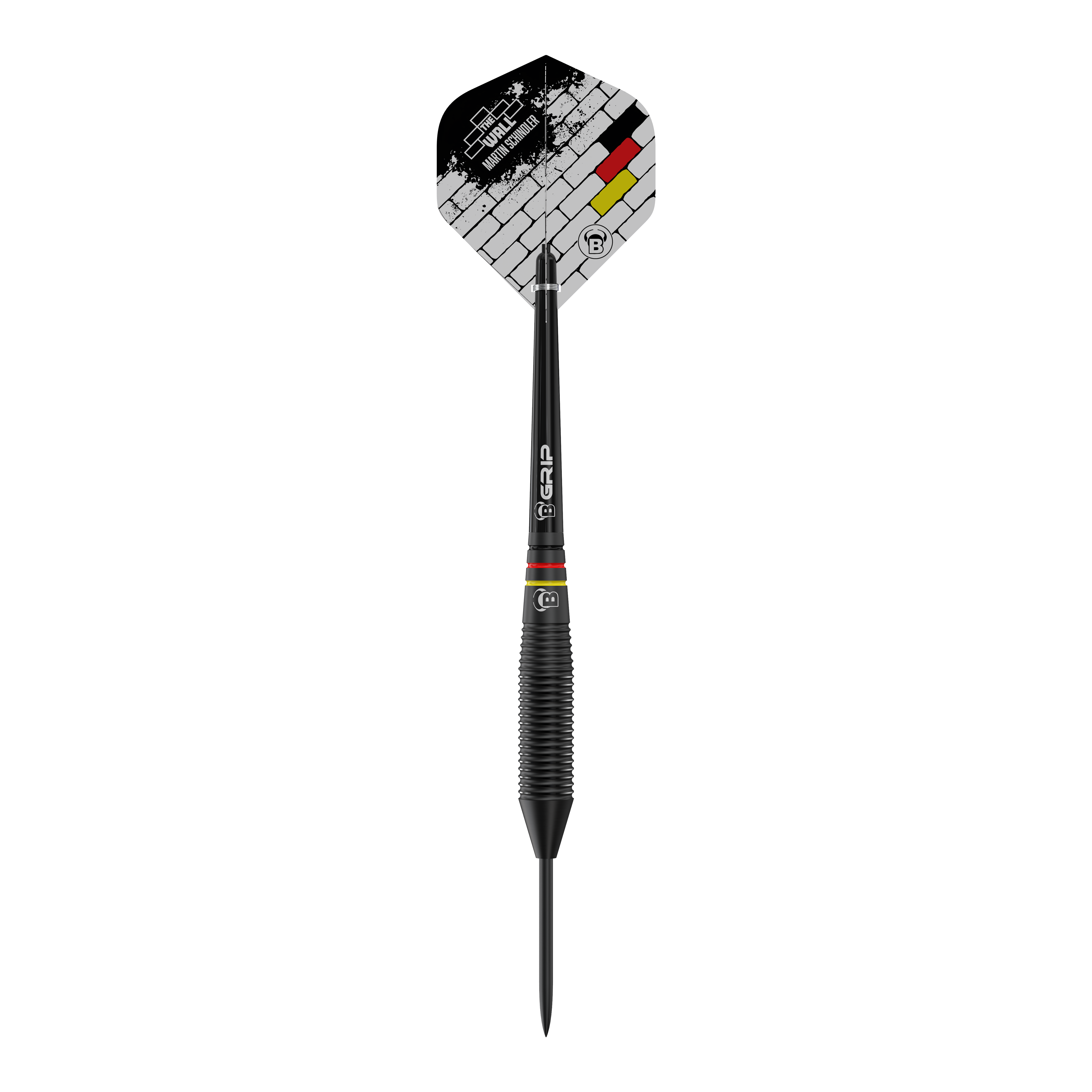 Bulls Martin Schindler The Wall Black Brass Steeldarts Auf dem Bild ist ein schwarzer Steeldart abgebildet, der das Design "Bulls Martin Schindler The Wall Black Brass" trägt. Die Flight zeigt ein Ziegelmuster mit den Farben Schwarz, Rot und Gelb.