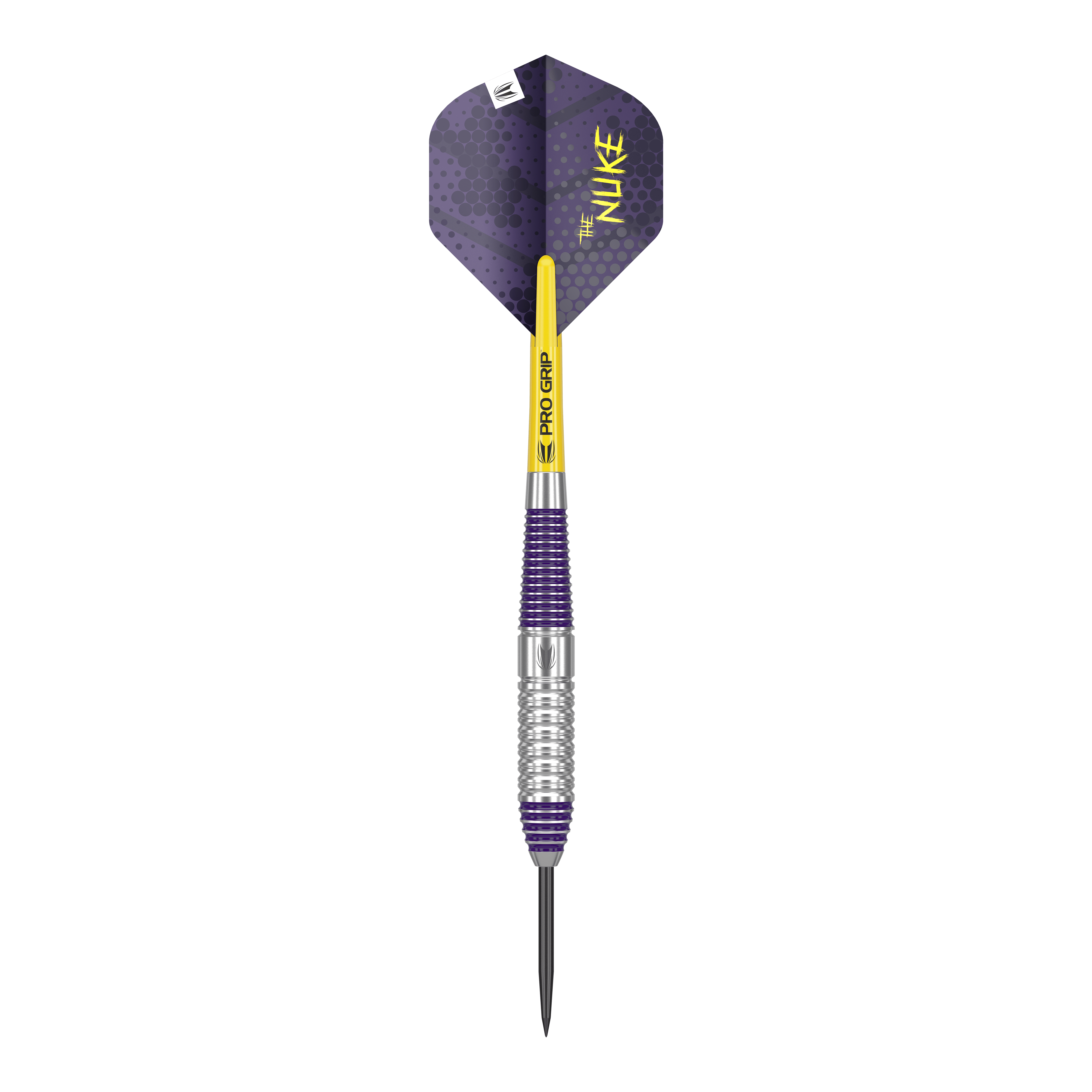 Target Luke Littler Brass Steel Darts - 22g Das Bild zeigt einen Target Luke Littler Brass Steeldart mit einem Gewicht von 22g. Der Dart hat violette und silberne Elemente sowie einen gelben Schaft mit der Aufschrift „PRO GRIP“.