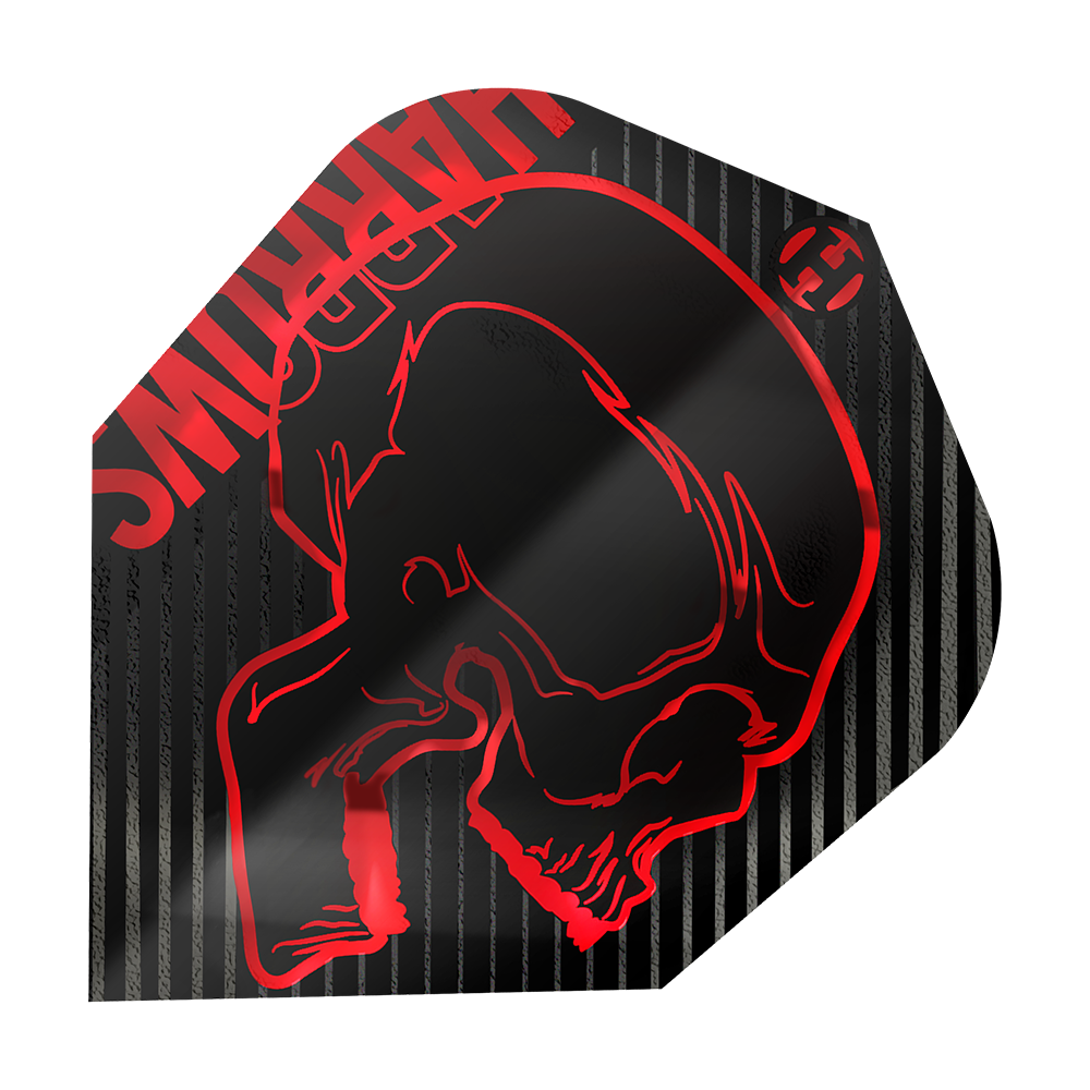 Harrows Rage Red No6 Flights Das Bild zeigt ein Dartflight mit dem Namen "Harrows Rage Red No6 Flights". Das Flight ist schwarz mit roten Streifen und einem roten Totenkopf-Design.