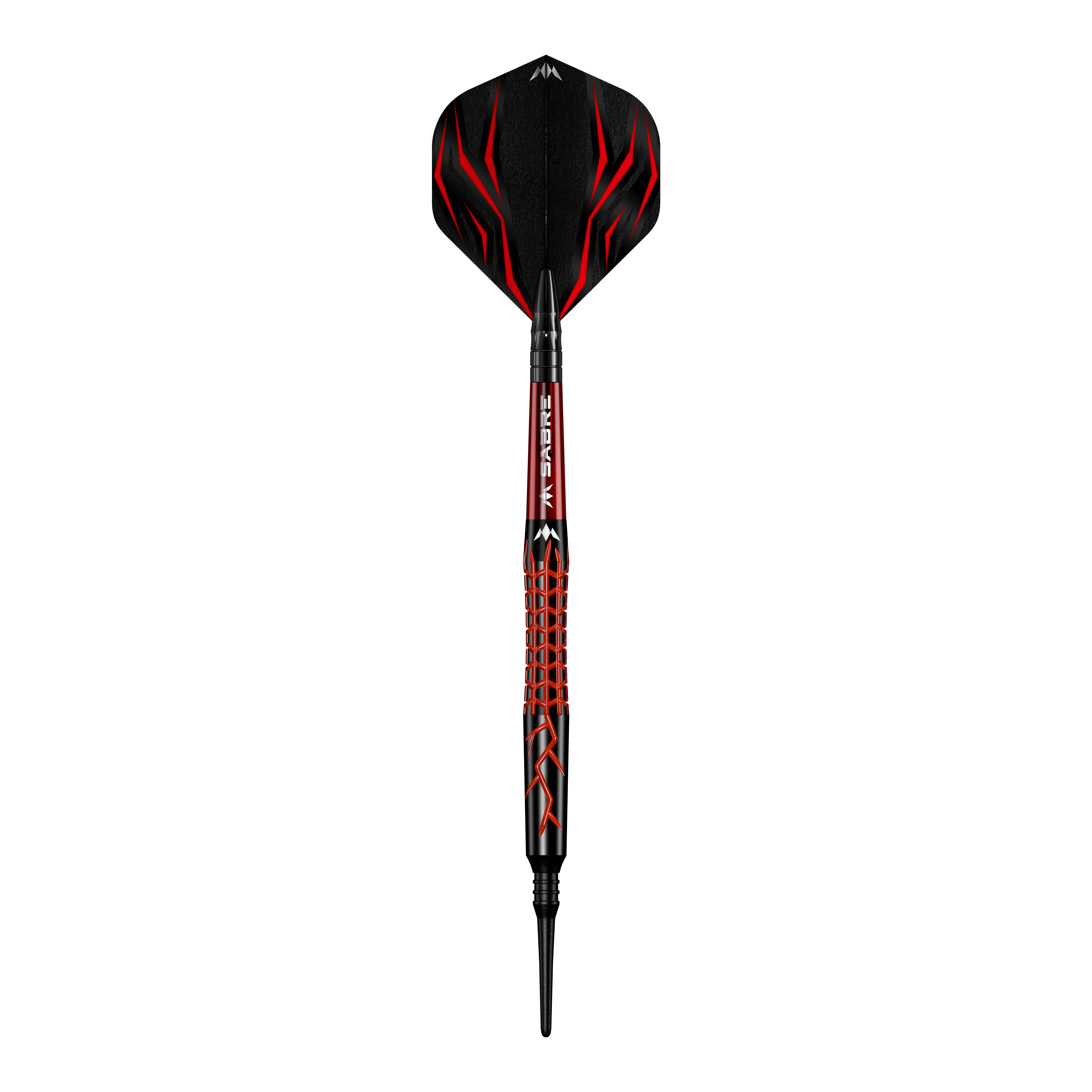 Mission Lava Softdarts - 20g Dies ist der Mission Lava Softdart mit einem Gewicht von 20 Gramm. Er hat ein auffälliges Design in Schwarz und Rot mit roten Flammenmustern.