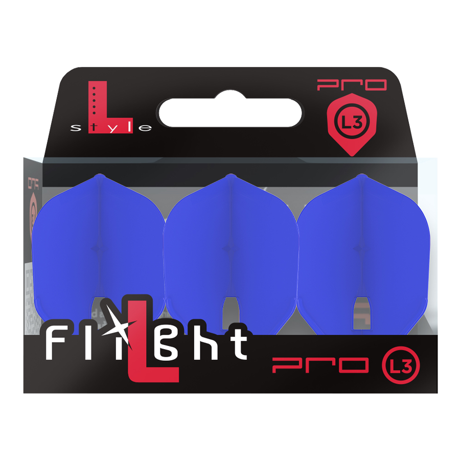 L-Style Flights Champagne - L3PRO Shape Das Bild zeigt eine Verpackung mit drei blauen Dartflights der Marke L-Style. Auf der Packung steht "Flight L Pro L3" und die Flights sind in einer durchsichtigen Box sichtbar.