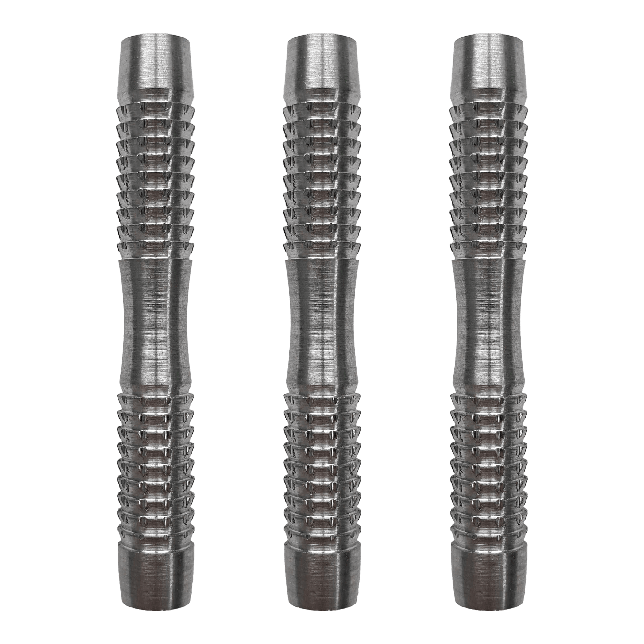 McDart Blank Shark soft dart barrels Das Bild zeigt drei silberne McDart Blank Shark Softdart-Barrels. Sie haben eine geriffelte Oberfläche für besseren Halt.